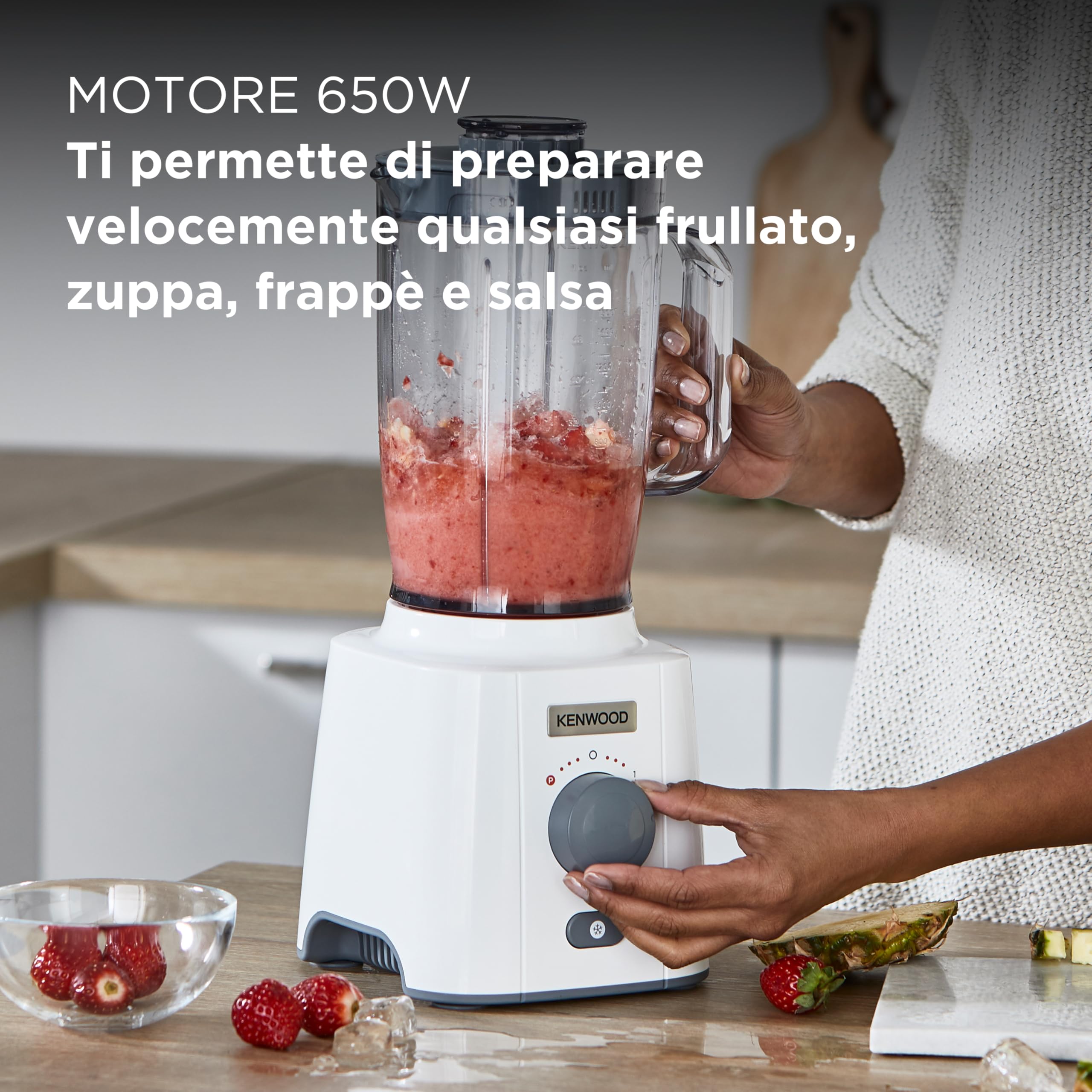 Kenwood BLP41.A0WH Frullatore, Caraffa da 2 L dotata di pratica maniglia, lame in Acciaio, 3 velocità + Pulse, Coperchio con tappo, Piedini antiscivolo, 650 watt, Plastica, Bianco e Grigio