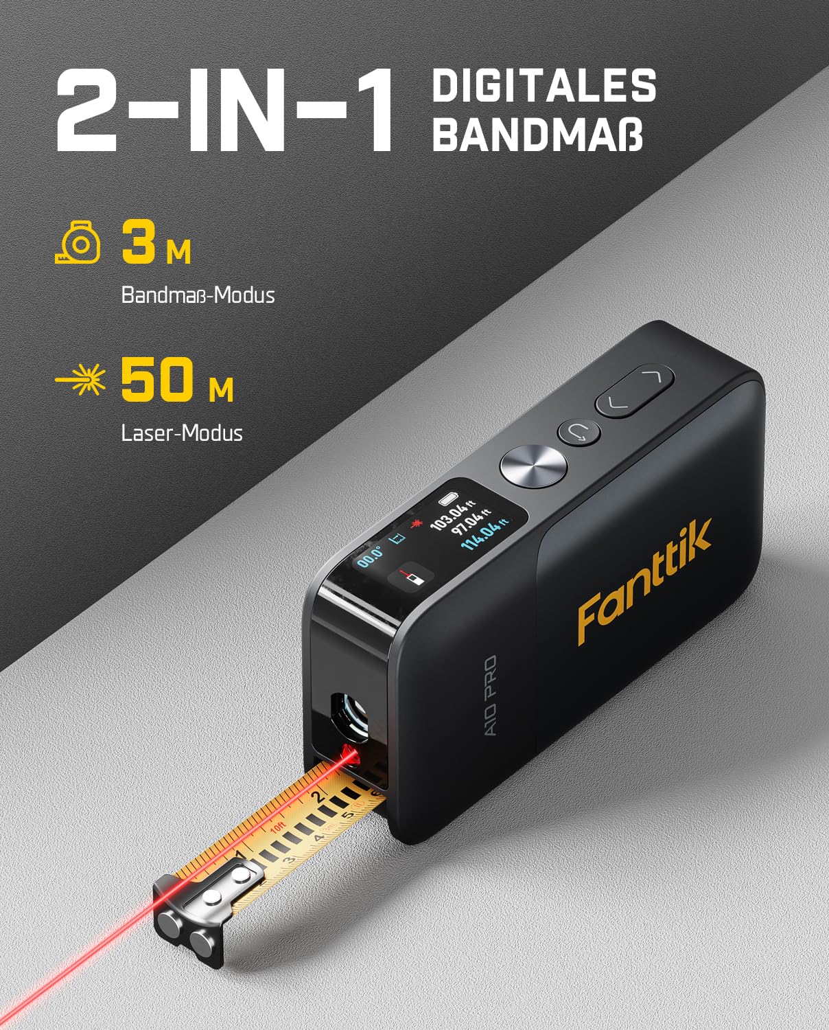 Fanttik A10 Pro 2-in-1 Digitales Laser Entfernungsmesser mit HD IPS-Farbdisplay, Wiederaufladbar 50m Laserentfernungsmesser & 3m Maßband, 6 Einheiten wählbar, Für Entfernung/Fläche/Volumen