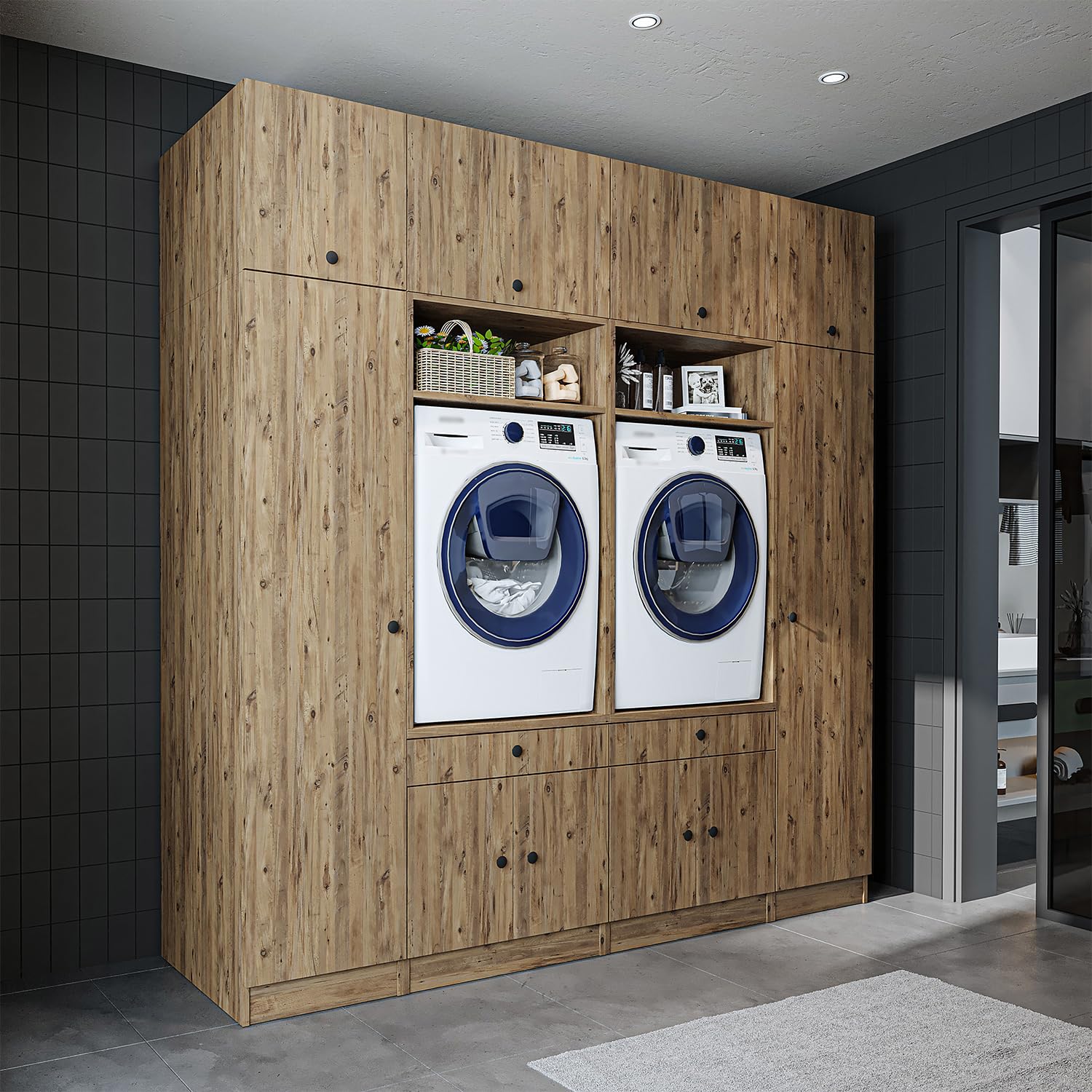 ROOMART Armoire murale pour buanderie et buanderie - 224 cm - Armoire haute avec planche coulissante - Meuble de conversion de machine à laver et étagère de rangement (chêne, V1 : 224 x 230 x 67 cm (l