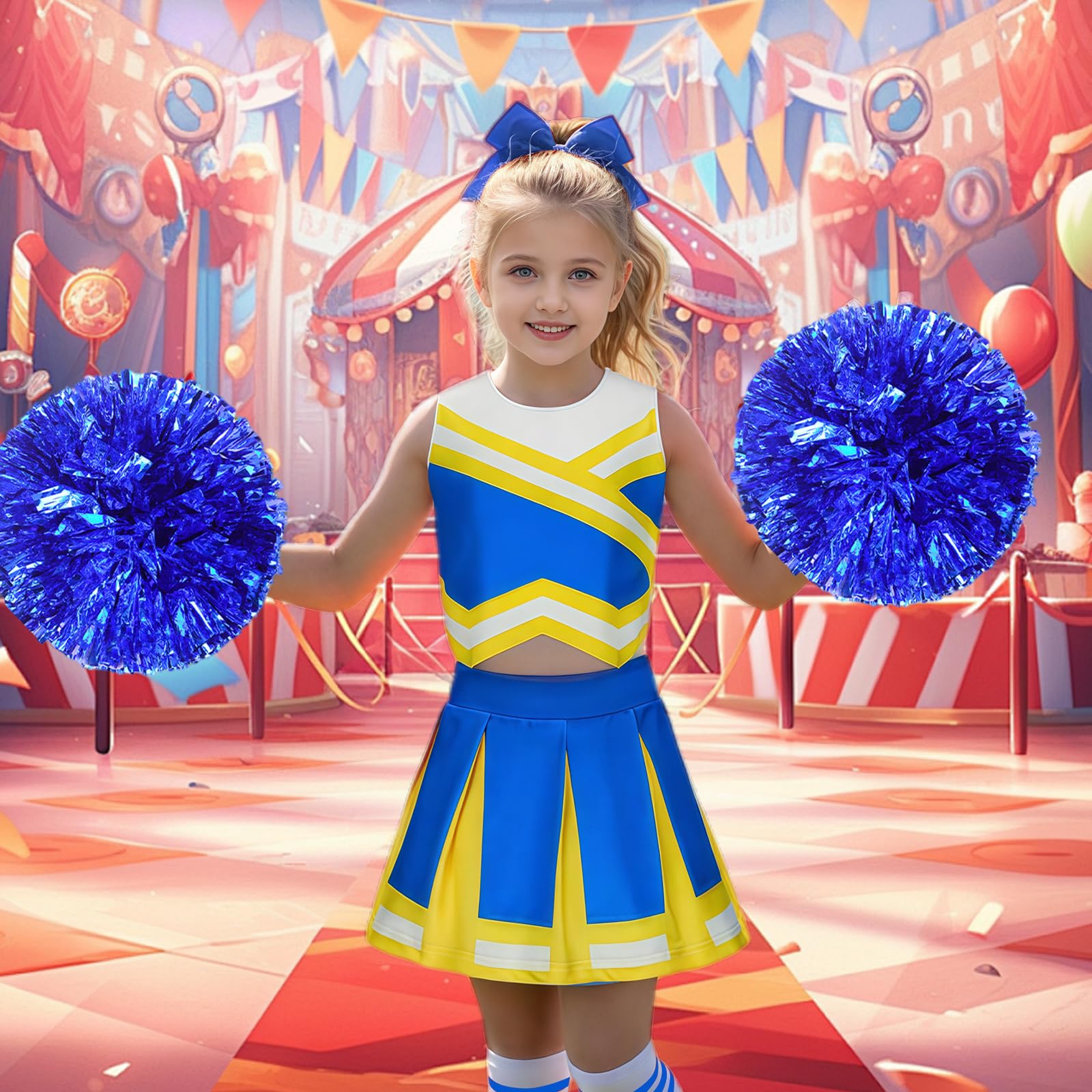 Luckyou Deguisement Pompom Deguisement Cheerleader Uniforme avec Perruques Brillant Pompoms et Nœud pour Carnaval Halloween