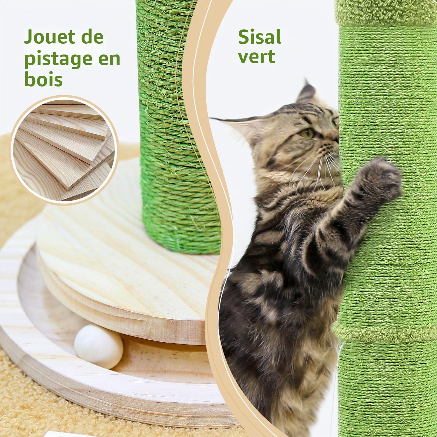 Globlazer Poteau Griffoir Chat Cactus Vert XXL Haut 94 cm avec Boule de Suivi en Bois Griffoirs Sisal Peluche Balles Chats Jouets, Stable Griffoir Poteau pour Grand Chat Jouer Gratter (SC37, Vert)