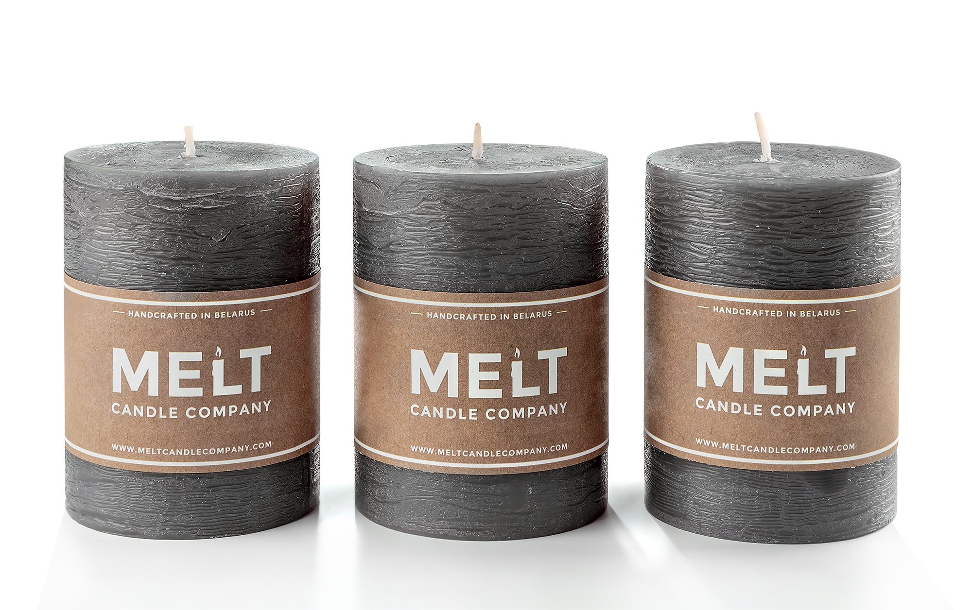 Melt Candle Company Set di 3 Grigio Scuro, 7,5 x 10 cm Candele a colonnasenza Profumo per Matrimoni ristoranti Decorazione Terme chiese stoppini in Cotone Senza Fumo