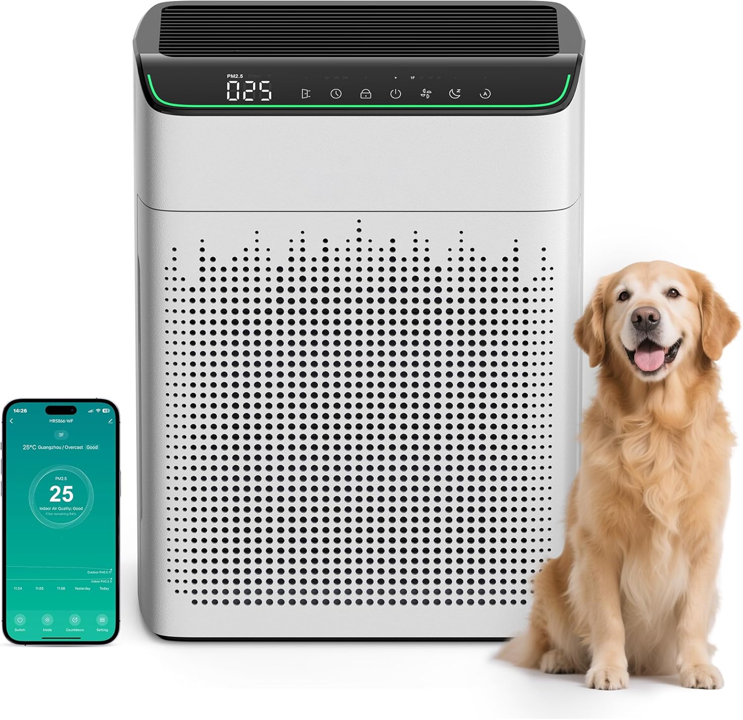 Air Purifiers for Home Large Room Up to 1690 ftÂČ Double-sided Air Inlet Smart WiFi Alexa Compatible PM 2.5 Air Quality Monitor for Smoke and Odor 23dB Quiet 1 Pack+2 Pack HEPA Filters White