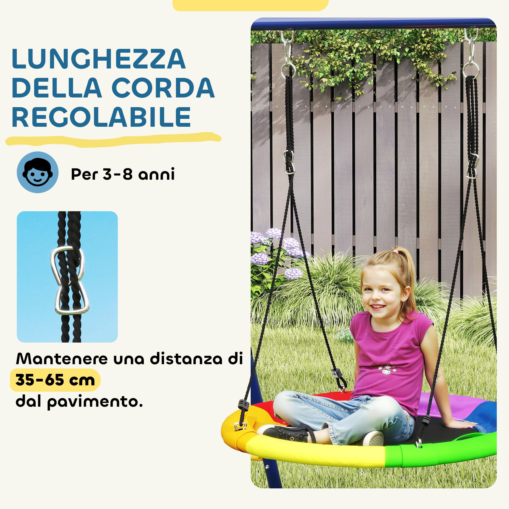 AIYAPLAY 6 in 1 Set Altalene da Giardino per Bambini 3-8 Anni con 3 Altalene, Gioco da Arrampicata e Canestro da Basket, Set da Gioco, Altalena per Bimbi per Parco, Esterno, Multicolore