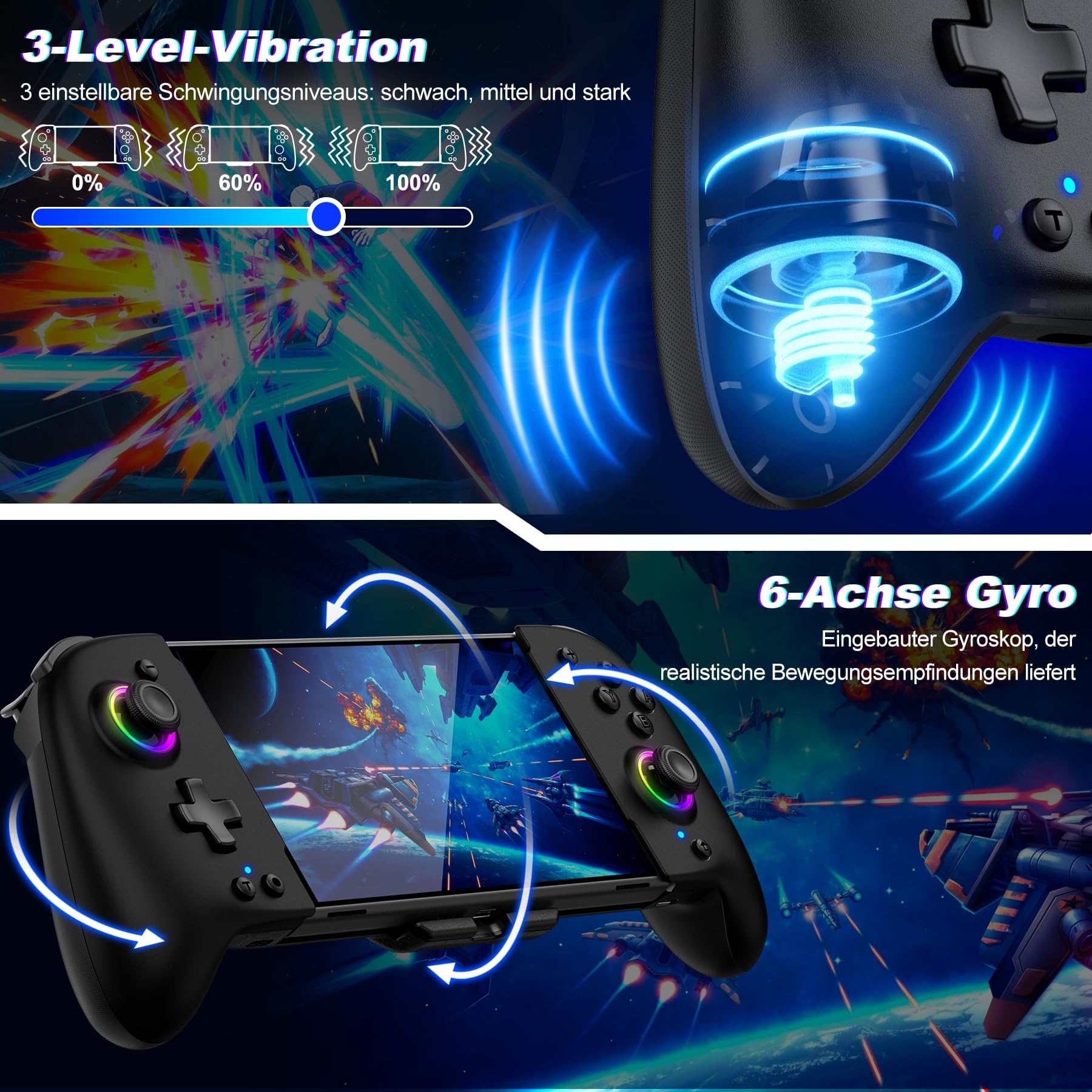 ALEEMTRY Controller per Switch, Modalità Portatile con Turbo/1000mAh/Programmabile/Giroscopio a 6 Assi, Maniglia Grande per Switch/OLED (Nero)