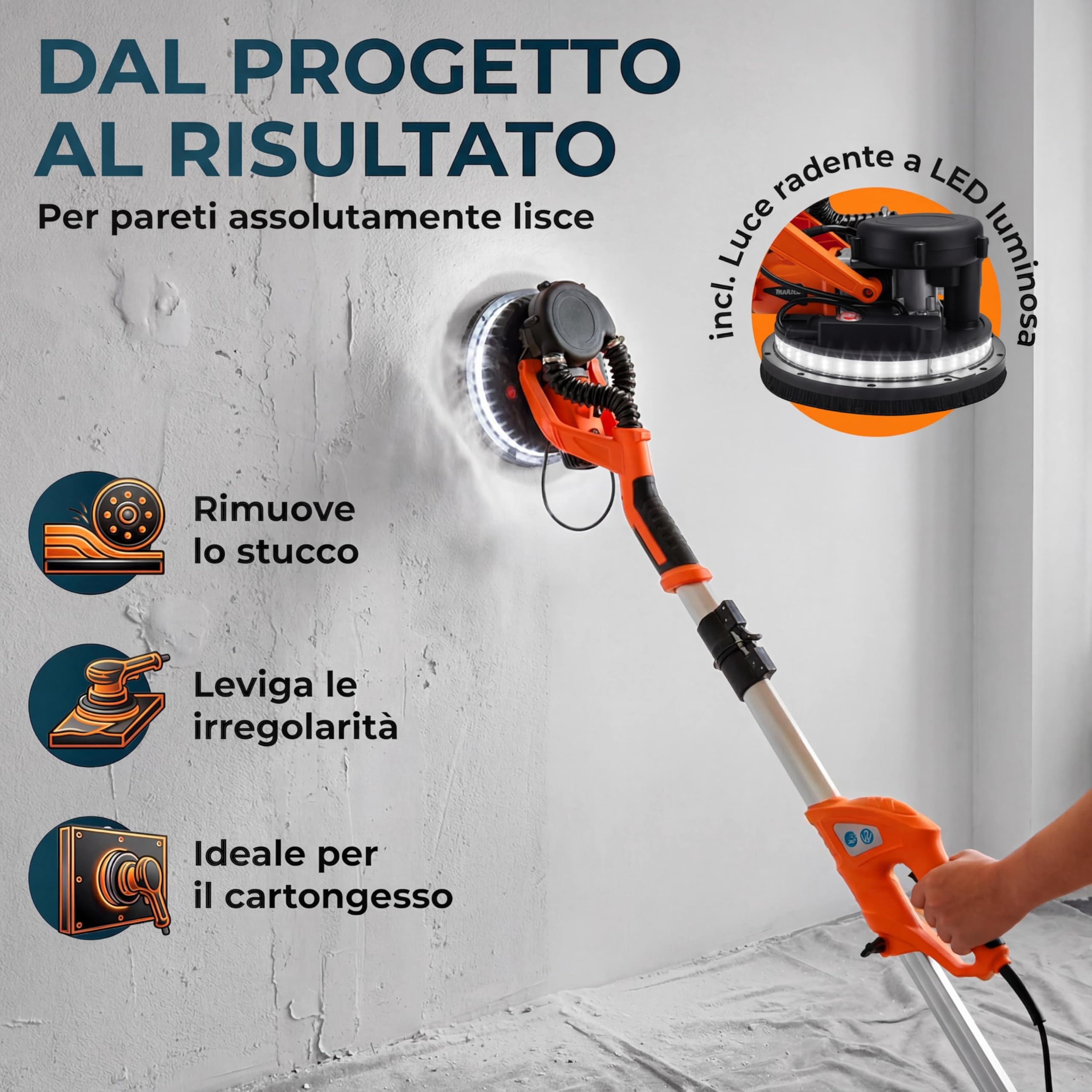 MONZANA® Levigatrice Muro 750Watt Telescopica Cartongesso Giraffa Levigatura Professionale Pareti 12 Dischi Abrasivi Carteggiatrice Soffitti Orbitale