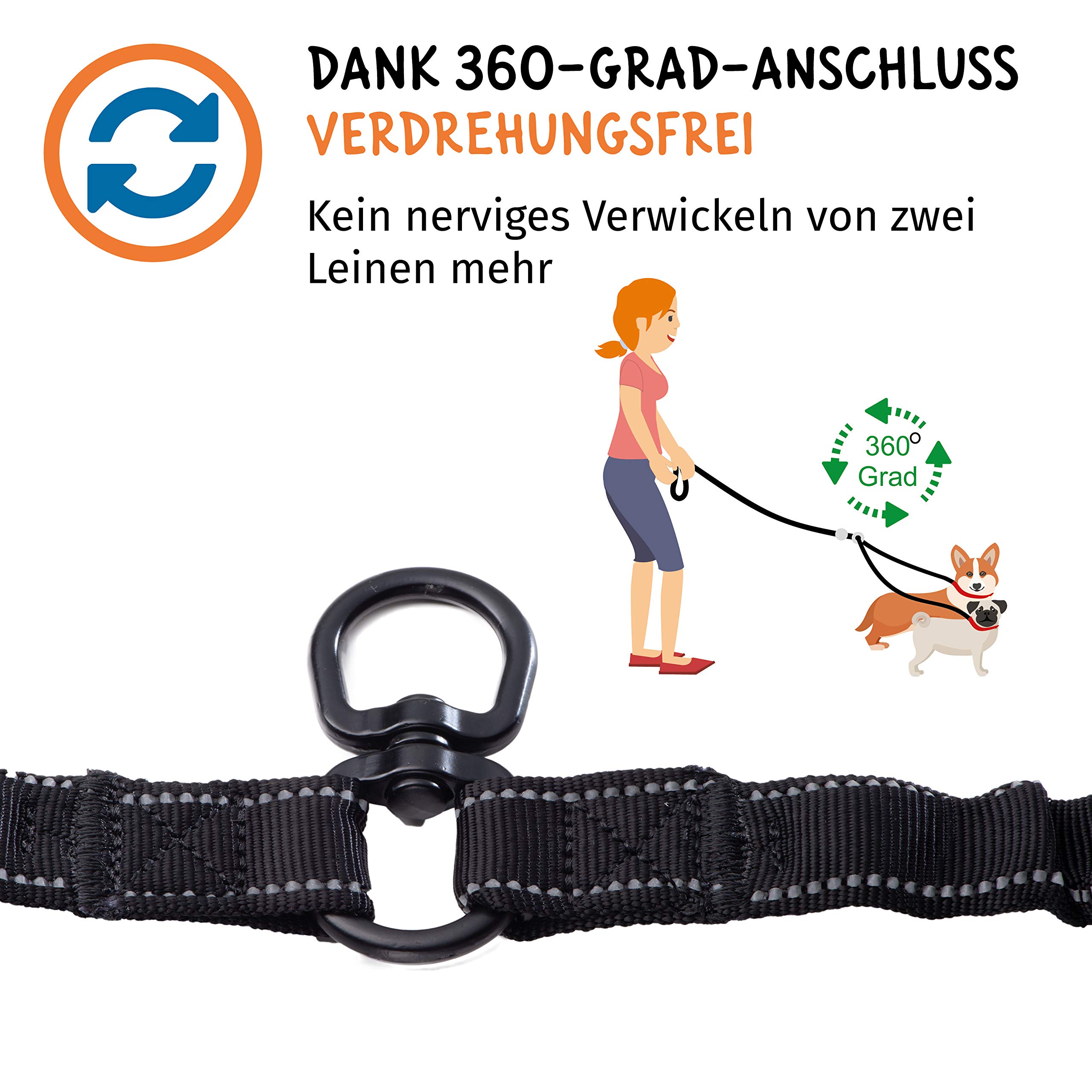 Floxik Juego completo de doble correa grande | Correa flexible y reflectante premium para perros para dos perros para acoplar con soporte corto negro