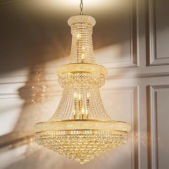 32" W 27 Light Luxury Foyer Chandeliers, Unique Empire K9 Crystal Chandelier for High Ceiling Foyer Entryway Living Room Gold