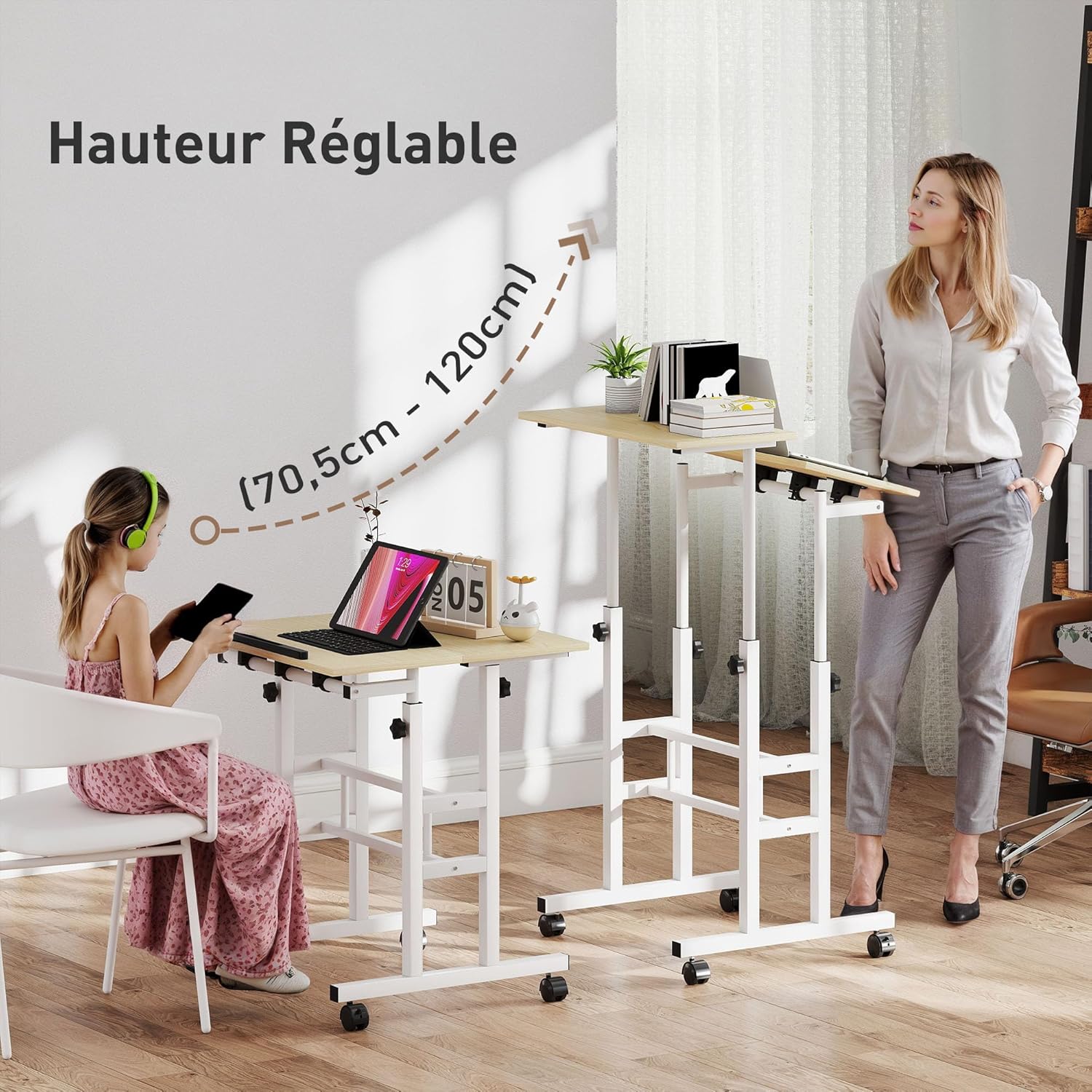 Image showing the height adjustment range of the HOMCOM Sit/Stand Desk from 70.5cm to 120cm, with a person sitting and another standing.