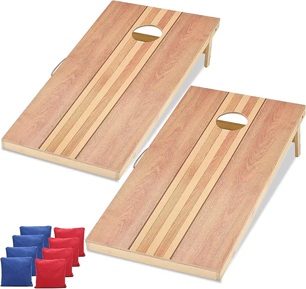Shevvi Solid Wood Cornhole Boards 4' x 2' Regulation Size, Both Sides Printed Wood Grain, Premium Cornhole Outdoor Game Set, 8 Cornhole Bean Bags, Toss Games for Indoor Outdoor, Vintage Stripes