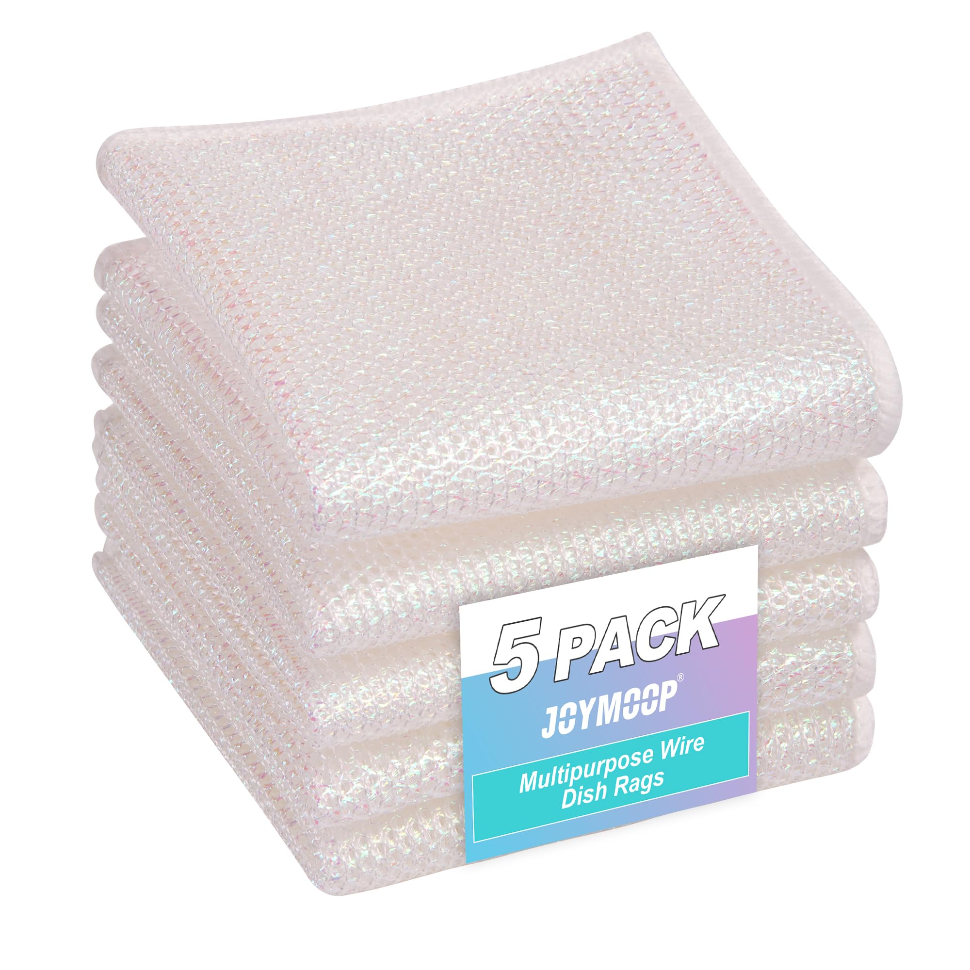 JOYMOOP Multipurpose Wire Dish Rags 10" x 10", Rainbow Laser Dish Cloths for Washing Dishes, Reusable Cleaning Cloths, Non-Scratch Wire Dishwashing Rags for Dishes, Glass, Stainless Steel - 5 Pack