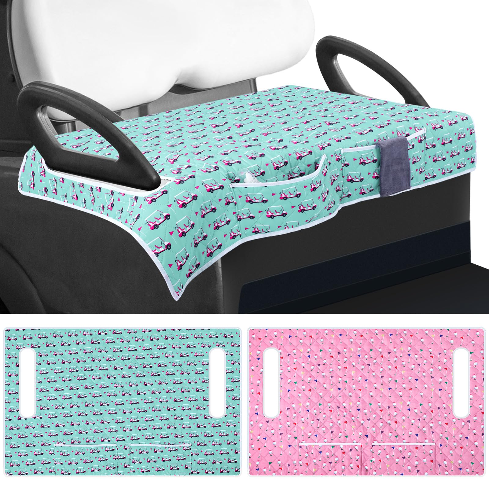 Datanly 2 Pack Golf Cart Seat Covers Funny Seat Towel Blanket with 2 Large Front Pockets & Non Slip Backing Universal Fit for 2 Person Golf Cart 52" x