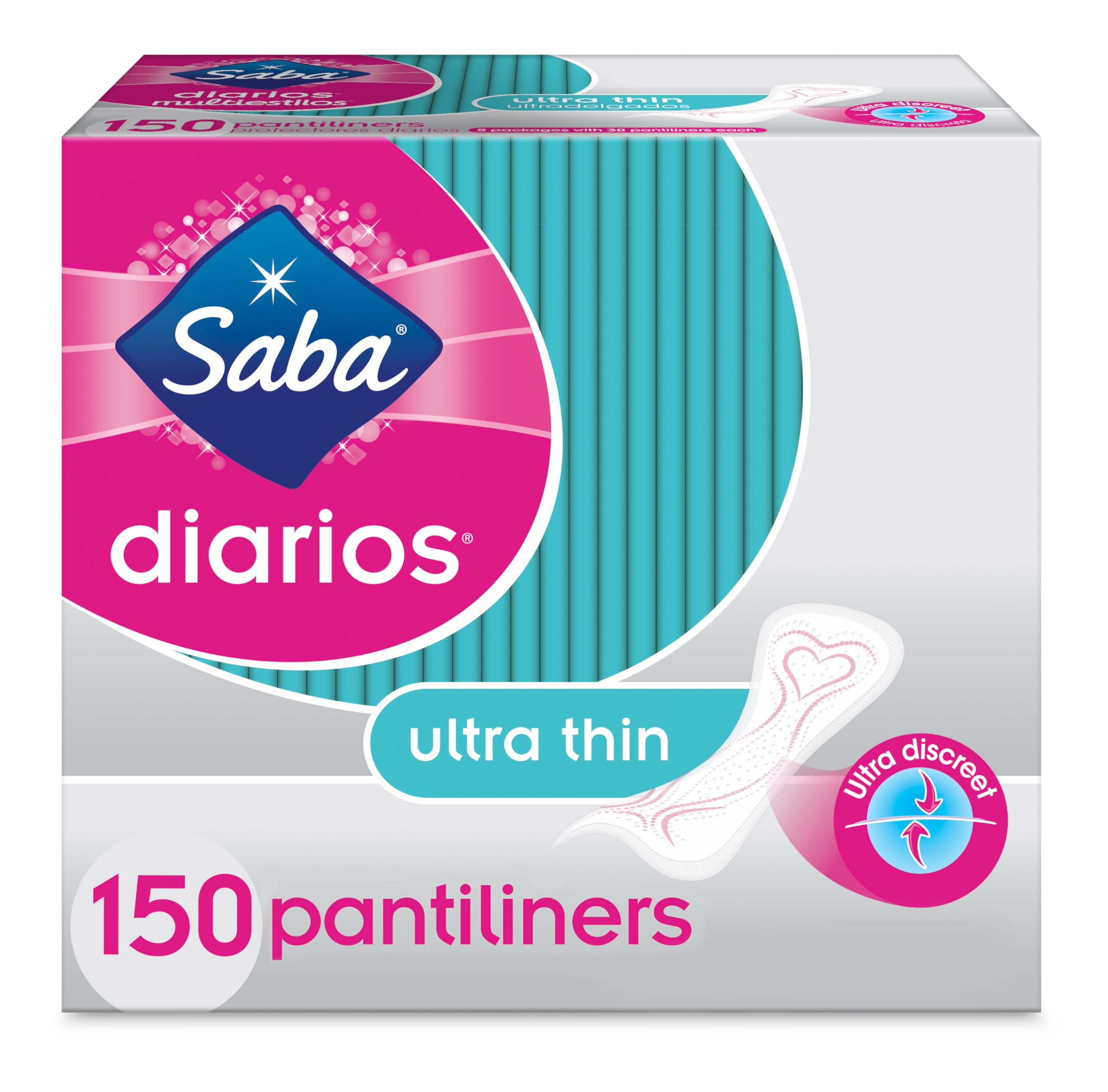 Saba Diarios Multishape Pantiliners | Ultra Thin & Discreet Panty Liners for Women | Designed for All Body Types | 150 Pantiliners (5 Packages, 30 Pantiliners Each)