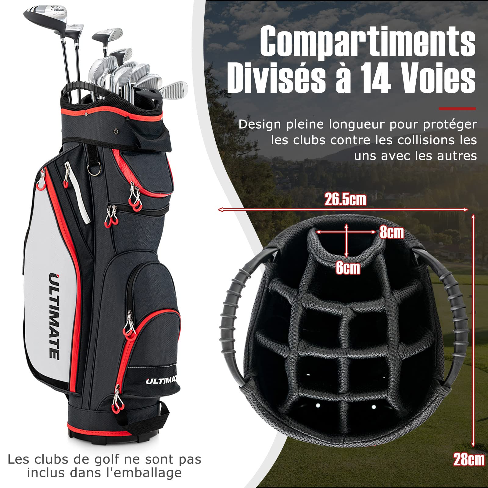 GOPLUS Sac de Chariot de Golf, Sac de Golf léger et Portable avec 14 Compartiments séparés et 8 Poches zippées, y Compris Sac Isotherme et Poches étanches (Noir)