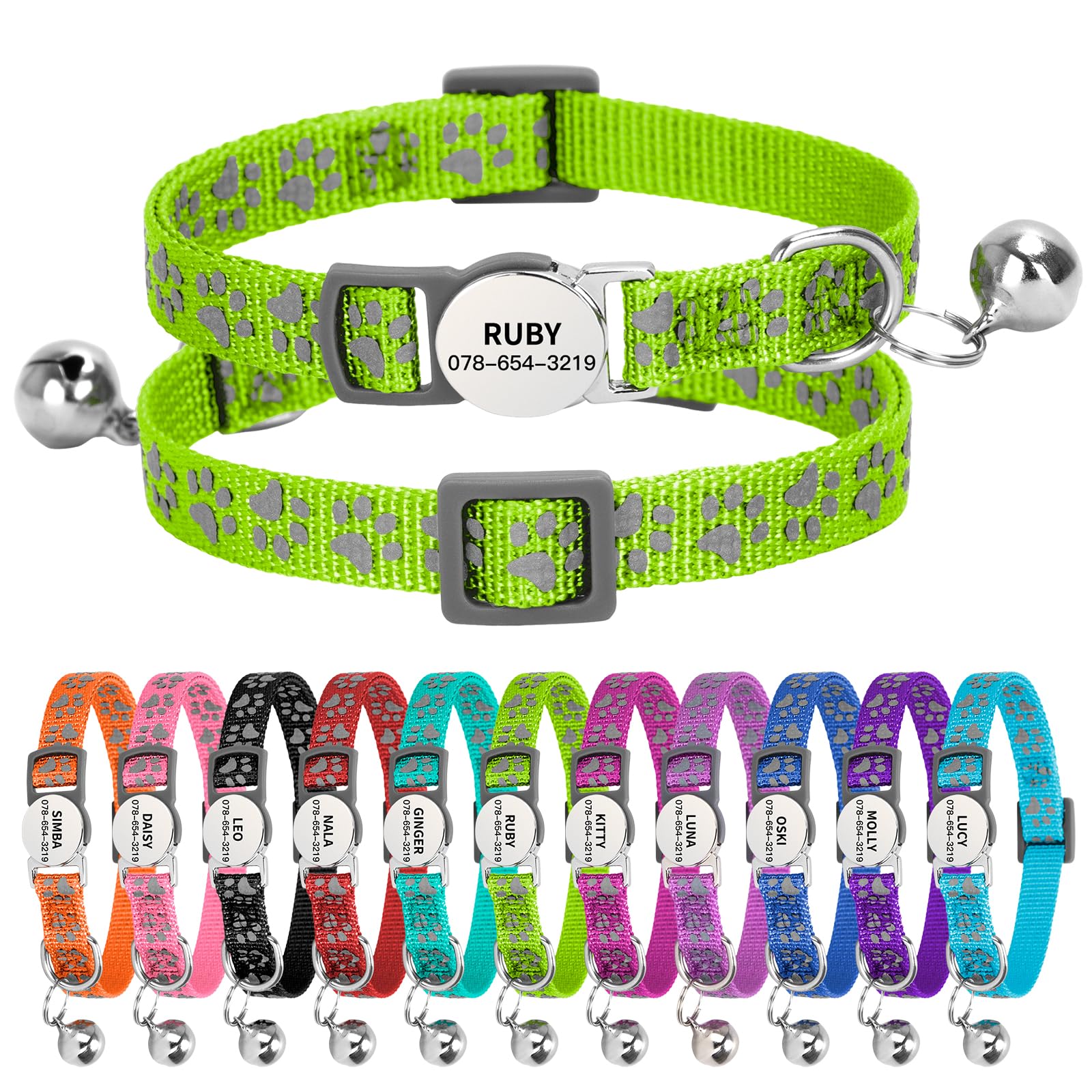Personalised Reflective Cat Collar with Name Tag,Quick Release Kitten Collars with Bell Safety Buckle, Adjustable Nylon Cat Collar for Cats Kittens UK Prime (19–30 cm, Green Paw) — image 1