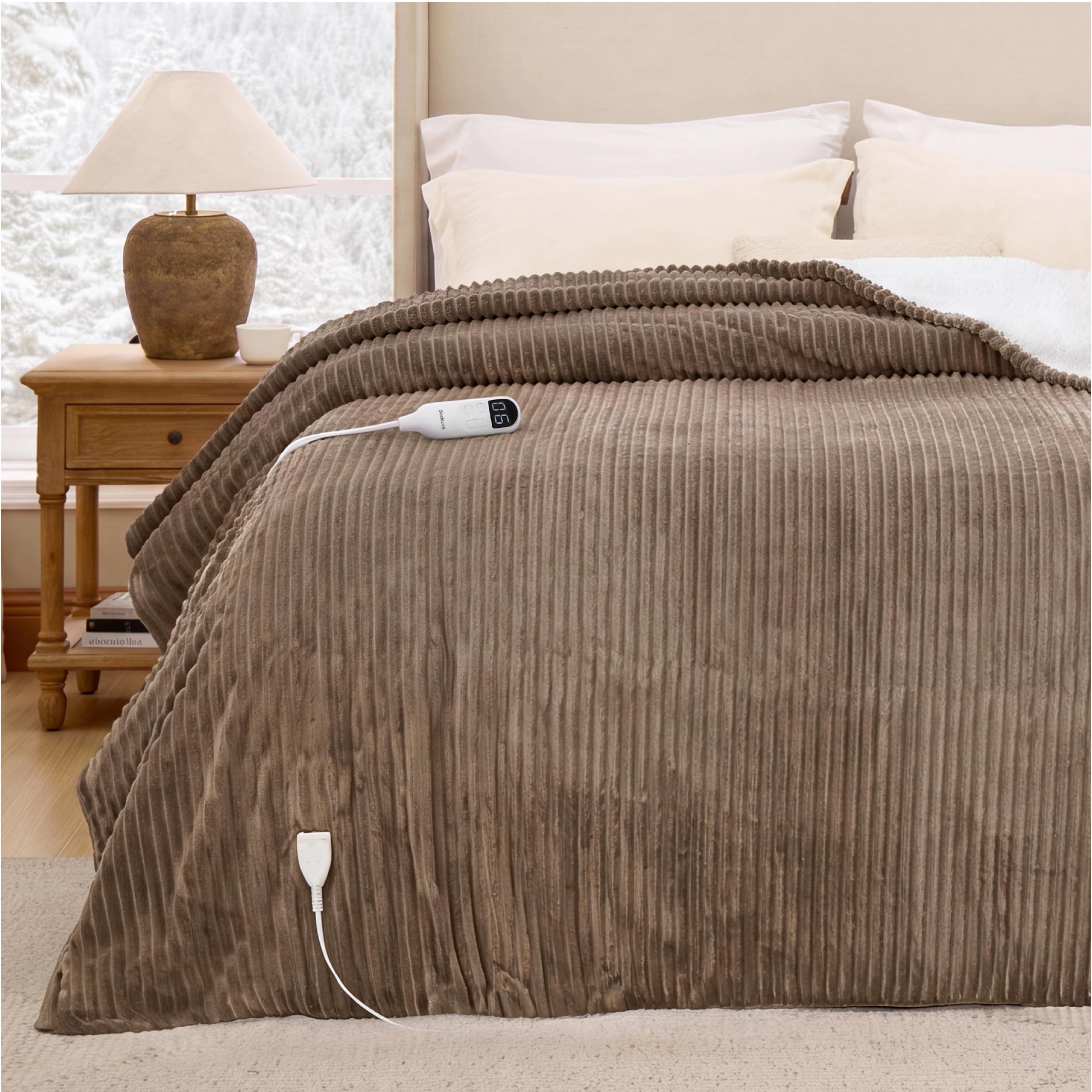 Bedsure Ribbed Electric Blanket Full, Brown Heated Blanket, Preheat