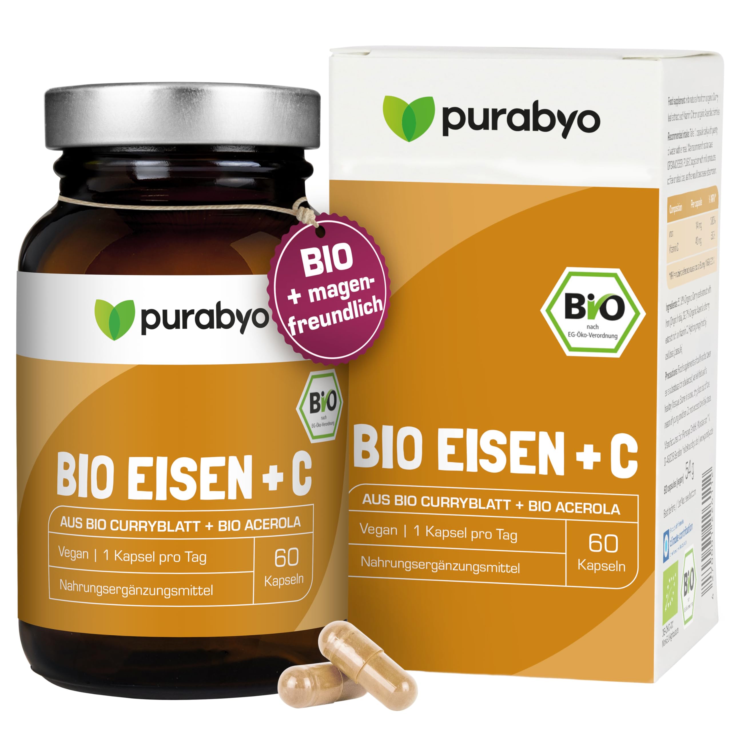 Purabyo BIO Eisen aus Curryblatt mit 40 mg natürlichem Vitamin C aus BIO Acerola | im Glas | 18 mg Eisen mit 129% NRV | Nur 1 Kapsel täglich | vegan, laborgeprüft und in Deutschland hergestellt