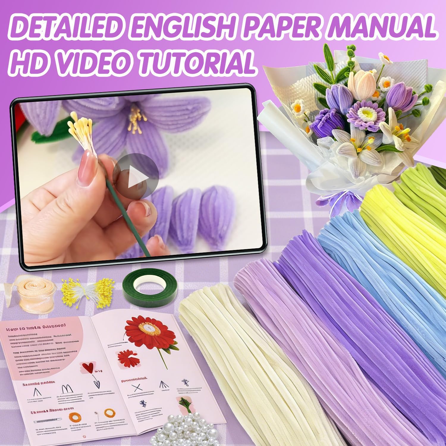976PCS Pipe Cleaners,Pipe Cleaner Bulk Flowers Kit,7 Colors Chenille Stems for Flower Bouquet Making with Craft Wire,Stamen,Tape,Ribbon & More for DIY Projects & Arts (Spring Colour)