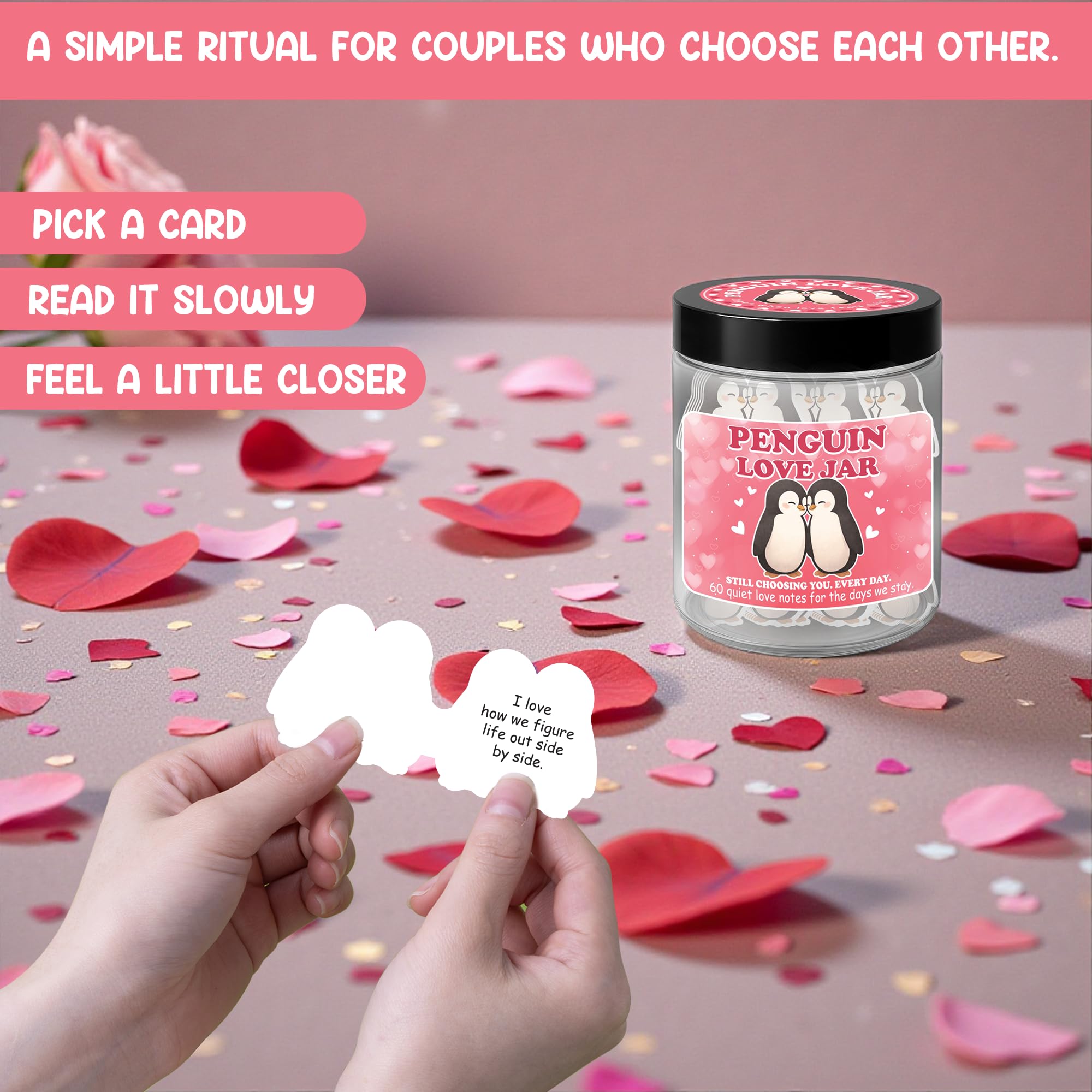 Love Notes Penguin Jar, 60 Penguin Love Notes, Valentines Day Gift for Her, Him, Girlfriend Boyfriend Valentines Day Gifts, Anniversary Birthday Christmas Gift for Couples