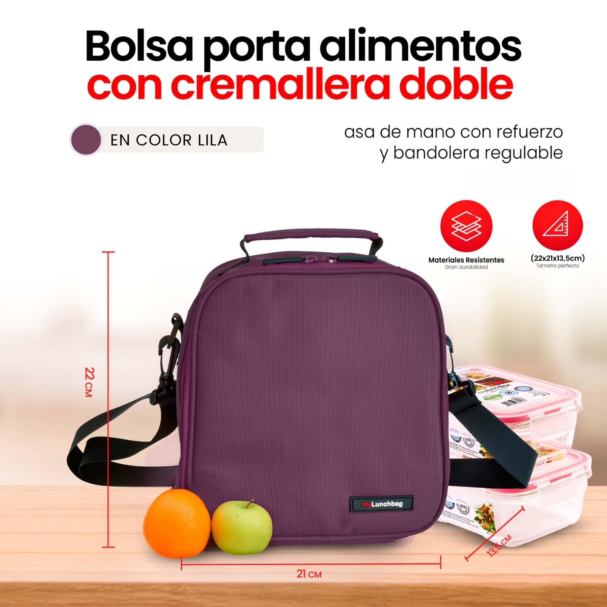Bolsa Térmica Porta Alimentos 3,8l - Lunch Bag con 2 Tapers de Cristal de 0.57l y 0.84l, Bolsa Isotérmica de Cremallera Doble, Loncheras de Trabajo Impermeable para Oficina, Universidad, Picnic, Lila