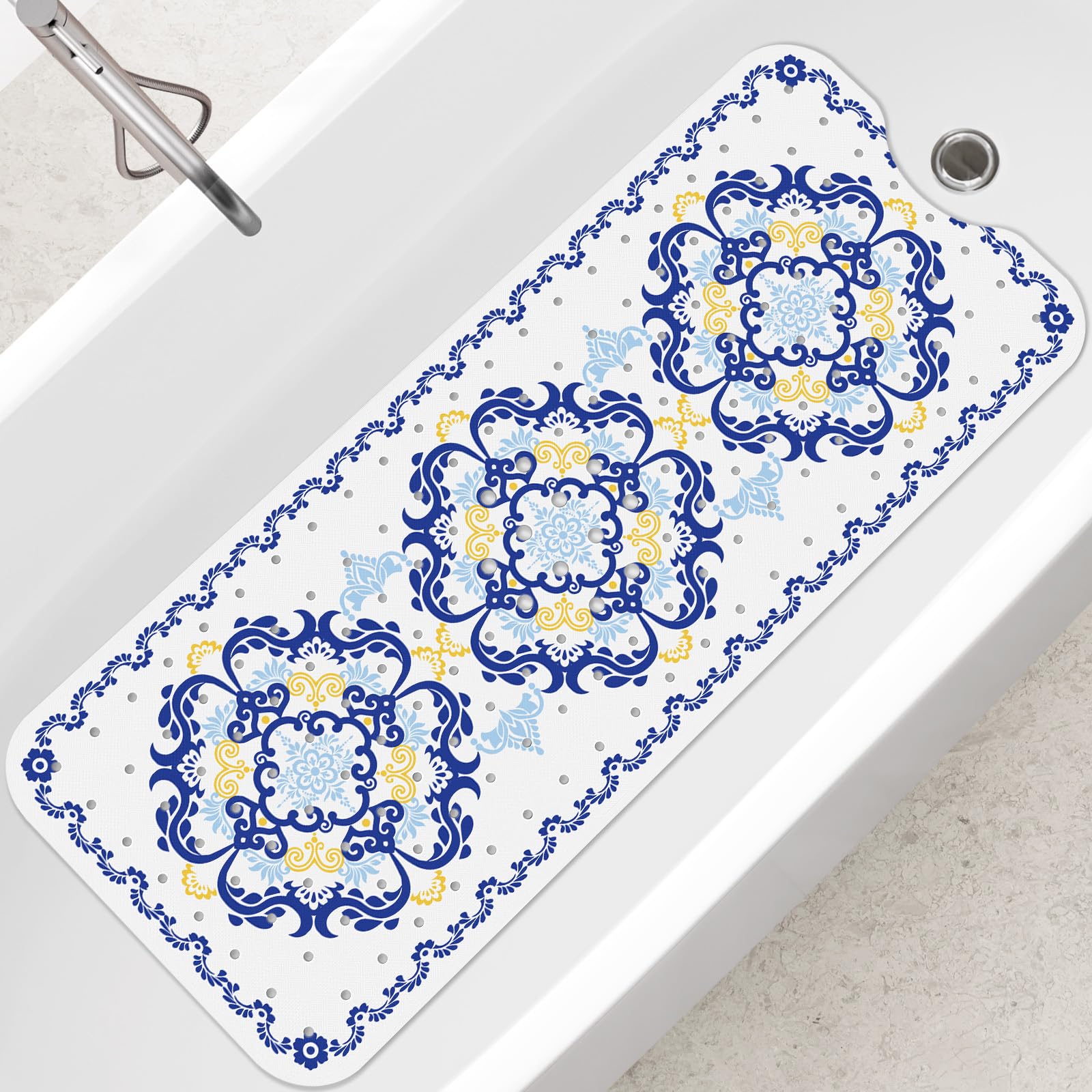 SHUCHING Blue Boho Bath Mat Non Slip Anti Mould, 100 X 40 cm Extra Long Bathtub Mat Anti Slip, Shower Mat Non Slip Anti Mould for Bathroom Machine Washable