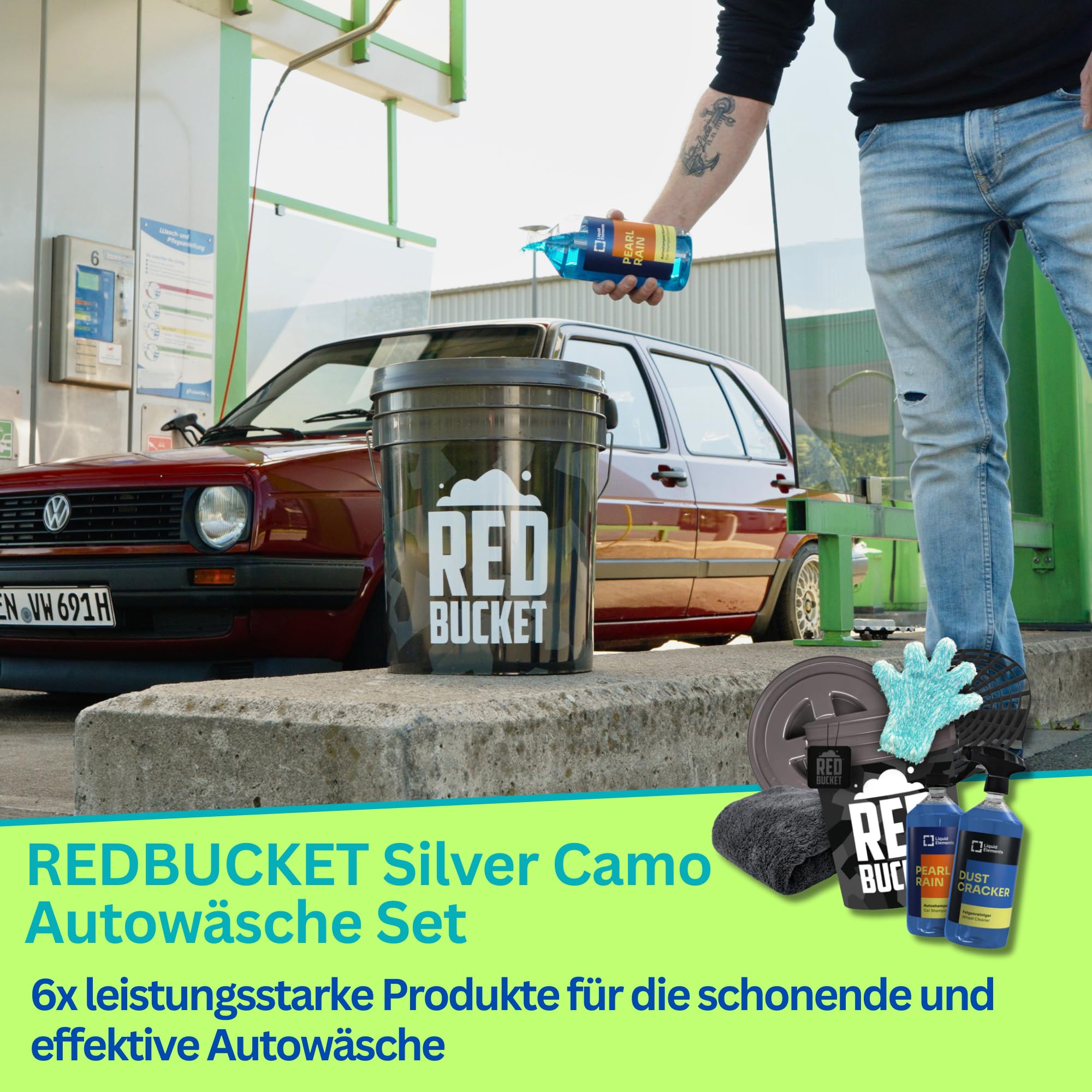 REDBUCKET Autowäsche Set 6-tlg. - Wascheimer 20L Tactical Camo | Pro Glove Waschhandschuh + Autoshampoo + Felgenreiniger + Trockentuch + Lufterfrischer | Autopflege Set