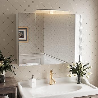 Mirror Cabinet for Bathroom with Lighting 80 x 60 cm 3 Doors Bathroom Mirror with Socket Height-Adjustable Shelves Wall Mirror with Storage Space Bathroom Cabinet with Mirror for Bathroom 80 x 60 cm