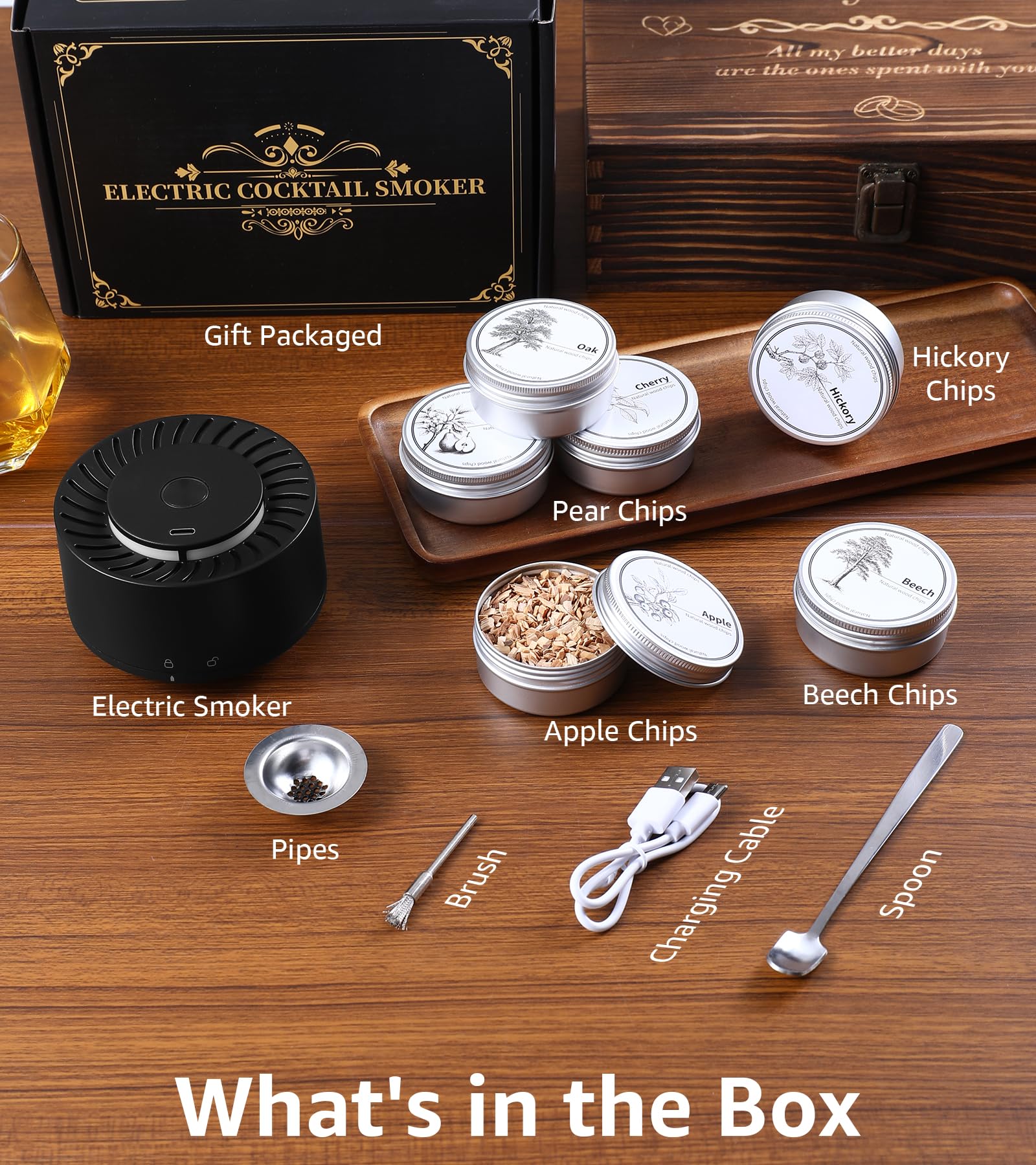 Kit affumicatore elettrico per whisky, con luce LED e 6 trucioli di legno, senza bisogno di butano, kit per affumicatore per cocktail, kit per affumicatore di bevande vecchio stile, regalo di