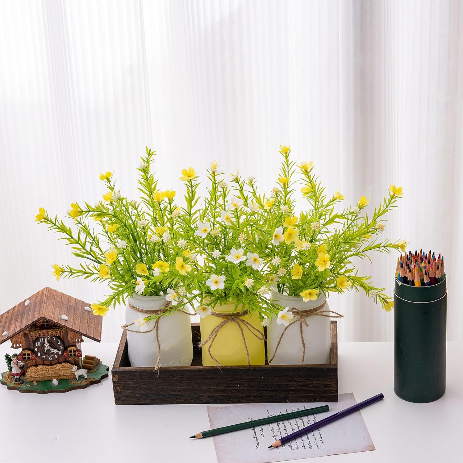 LUEUR 3PCS Artificial Daisy Flowers in Mason Jars with Wood Tray for Dining Table Coffee Table Farmhouse Home Decor Centerpieces Spring Decor Perfect for Kitchen, Living Room, Bathroom (Yellow)