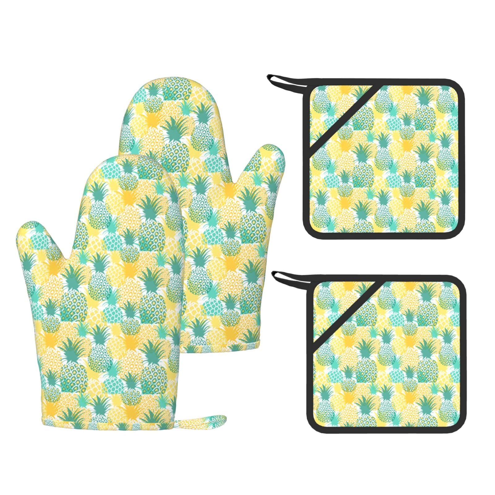 Tropical Pineapple Stylish Printed Kitchen Set Including Heat Resistant Gloves and Non-Slip Hot Pads for Cooking BBQ