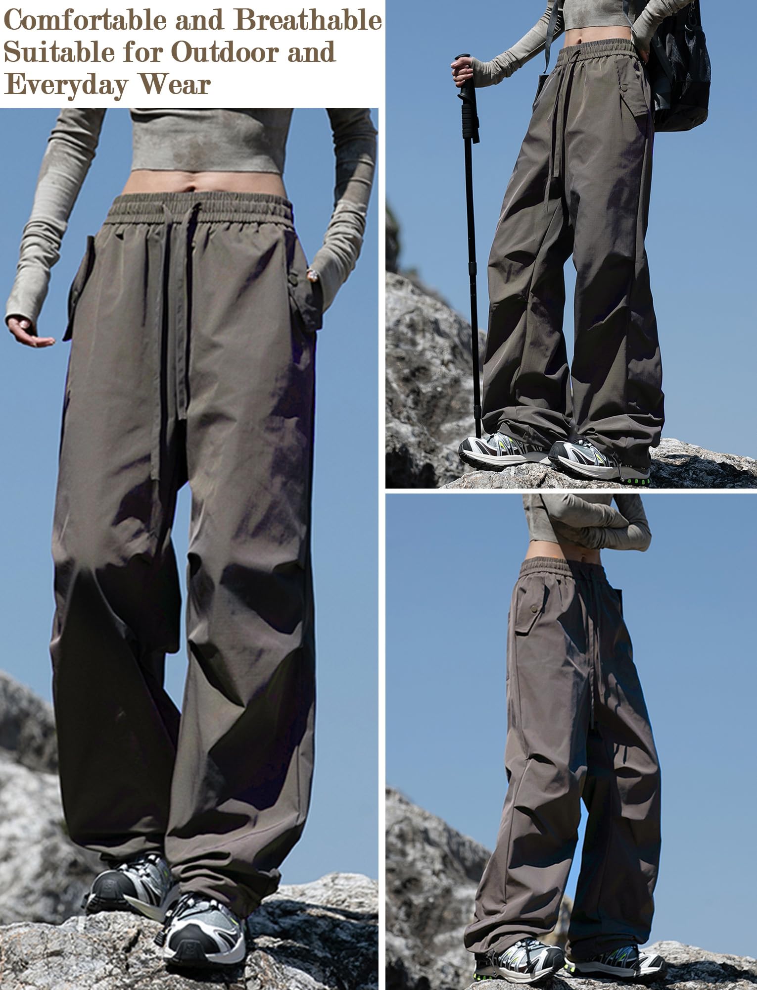 FEOYA Cargohose Damen Leichter Trekkinghose Wasserdicht Wanderhose Y2k Baggy Parachute Pants Atmungsaktiv Outdoorhose