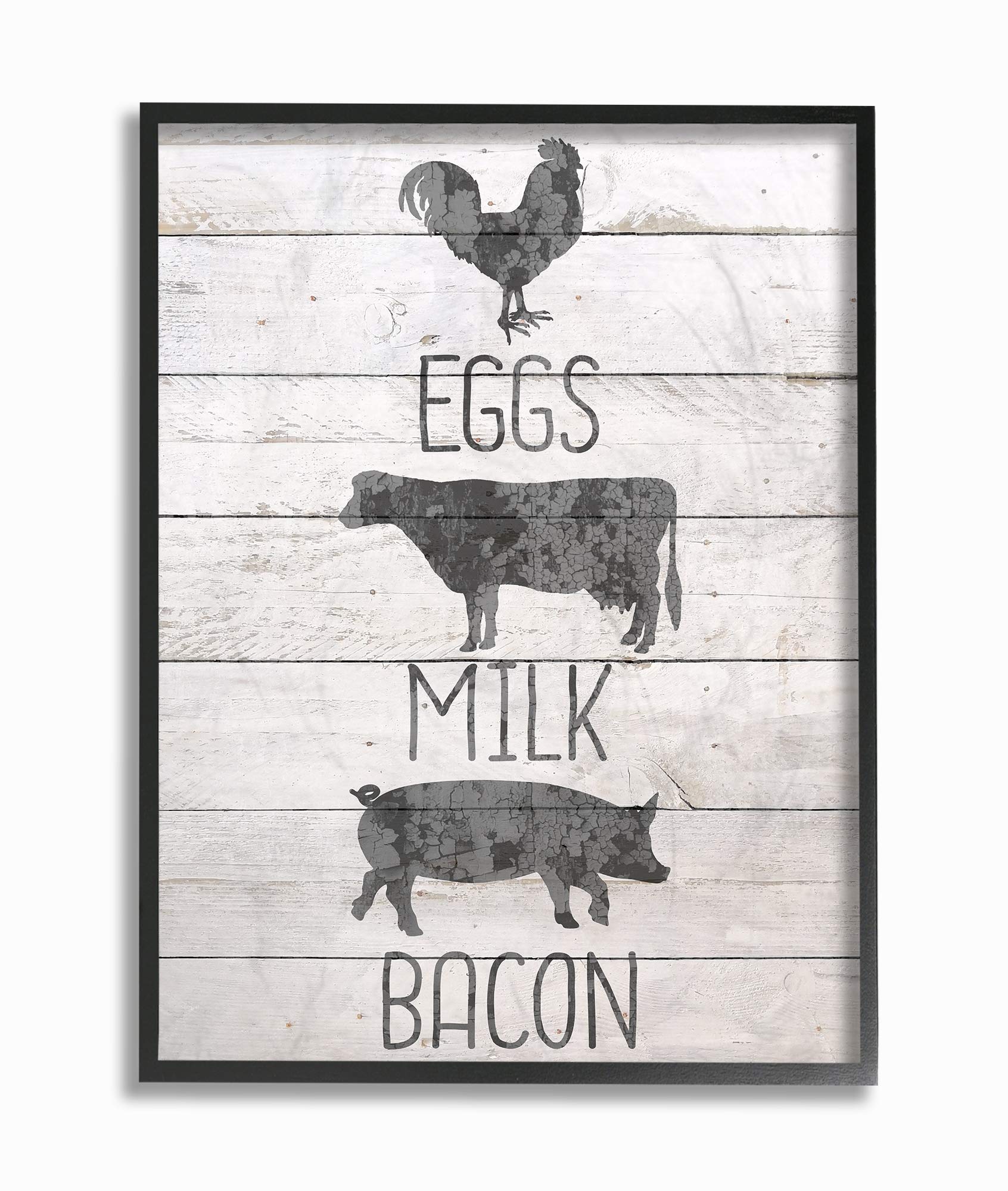 Stupell Industries Farmhouse Planked Look Eggs Milk and Bacon Typography with Chicken Cow and Pig Black Framed Wall Art, 11x14, Multicolor