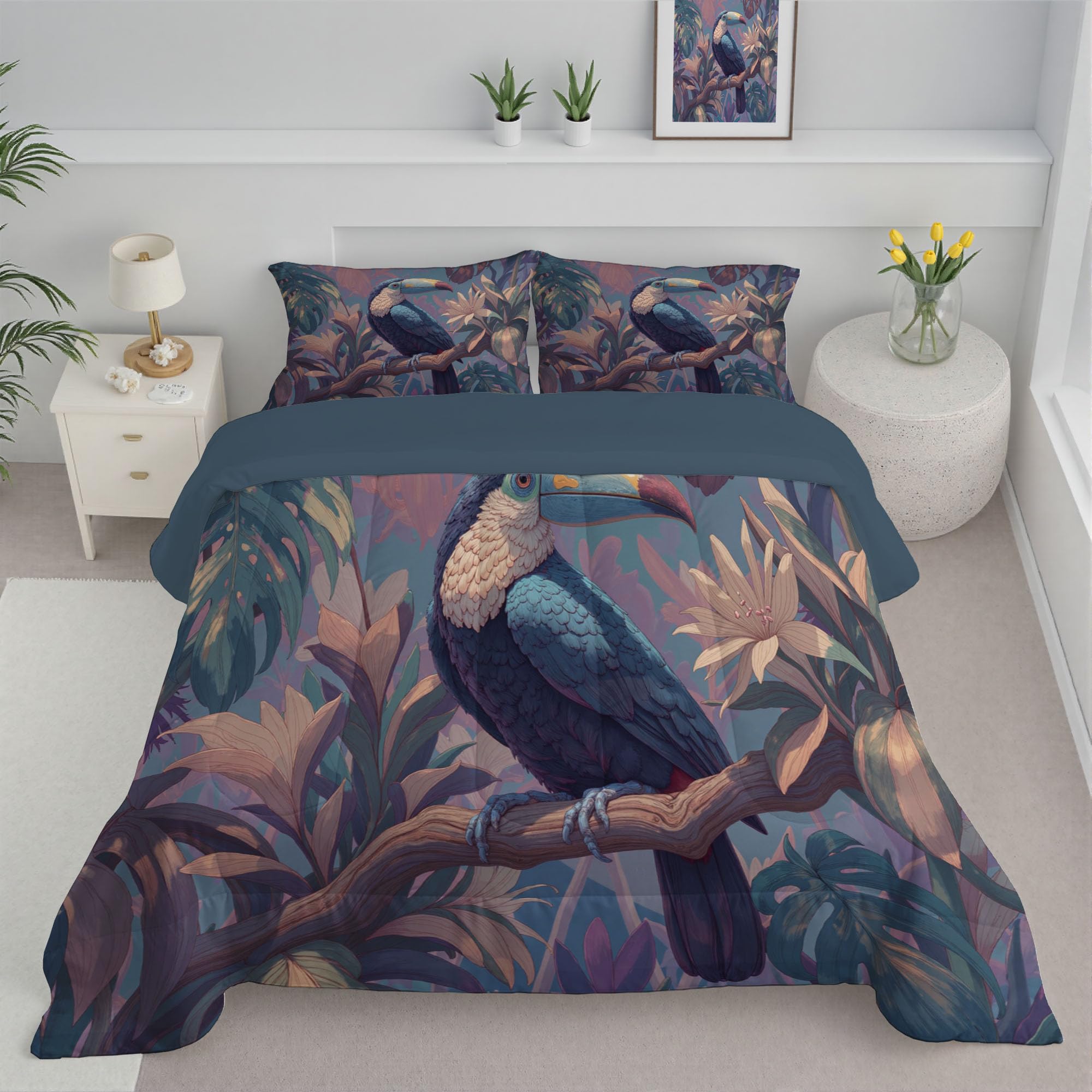 Trapunta Letto Singolo 4 Stagioni Piumone per Bambini, Retro Tucano Leggero Foresta Pluviale Tropicale Astratta Set di Biancheria da Letto 140x200cm con 1 Federe,Piumino Lavabile In Lavatrice
