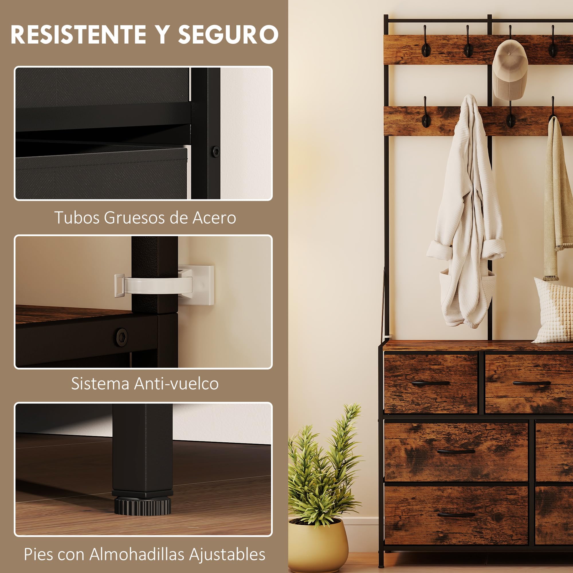 HOMCOM Perchero Zapatero 4 en 1 Recibidor 100x30x183 cm Marrón Rústico | Perchero Entrada, Mueble Recibidor, 14 Ganchos, 7 Cajones Tela, Estante, Estilo Industrial, Pasillo Dormitorio Salón