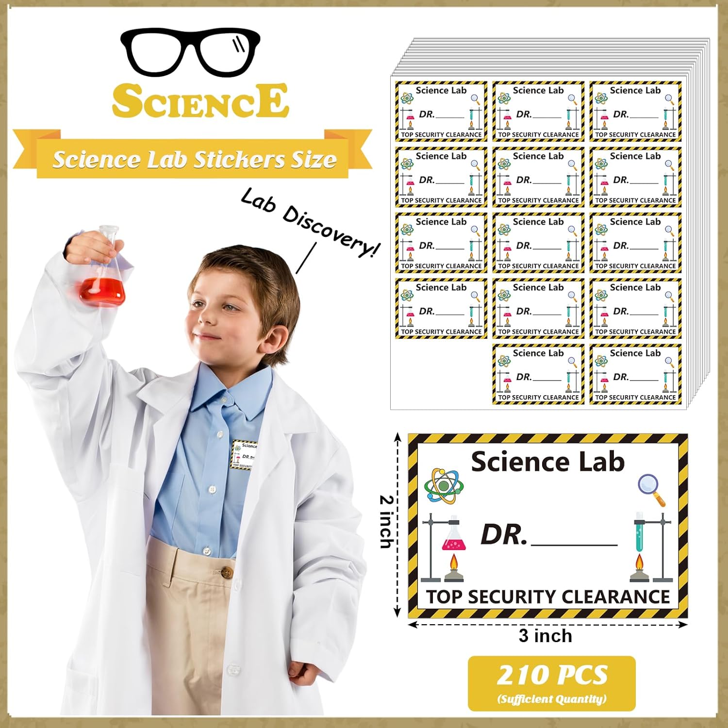 210 PCS Mad Scientist Lab Props Science Stickers Pack Science Name Badge Scientist Sign Scientist Role Play Set for Theme Party Decoration Favors and Decor (Science Themed) - Image 2