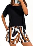 Women's Summer 2 Piece Outfits Lounge Sets Short Sleeve Tee Shirts Tops Blouses Pockets Printed Shorts Tracksuit