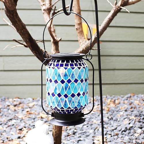 Miniatura 5 de Sunnydaze Farol LED solar de vidrio mosaico de 8.5 pulgadas, diseño azul, verde y morado, luz de mesacamino