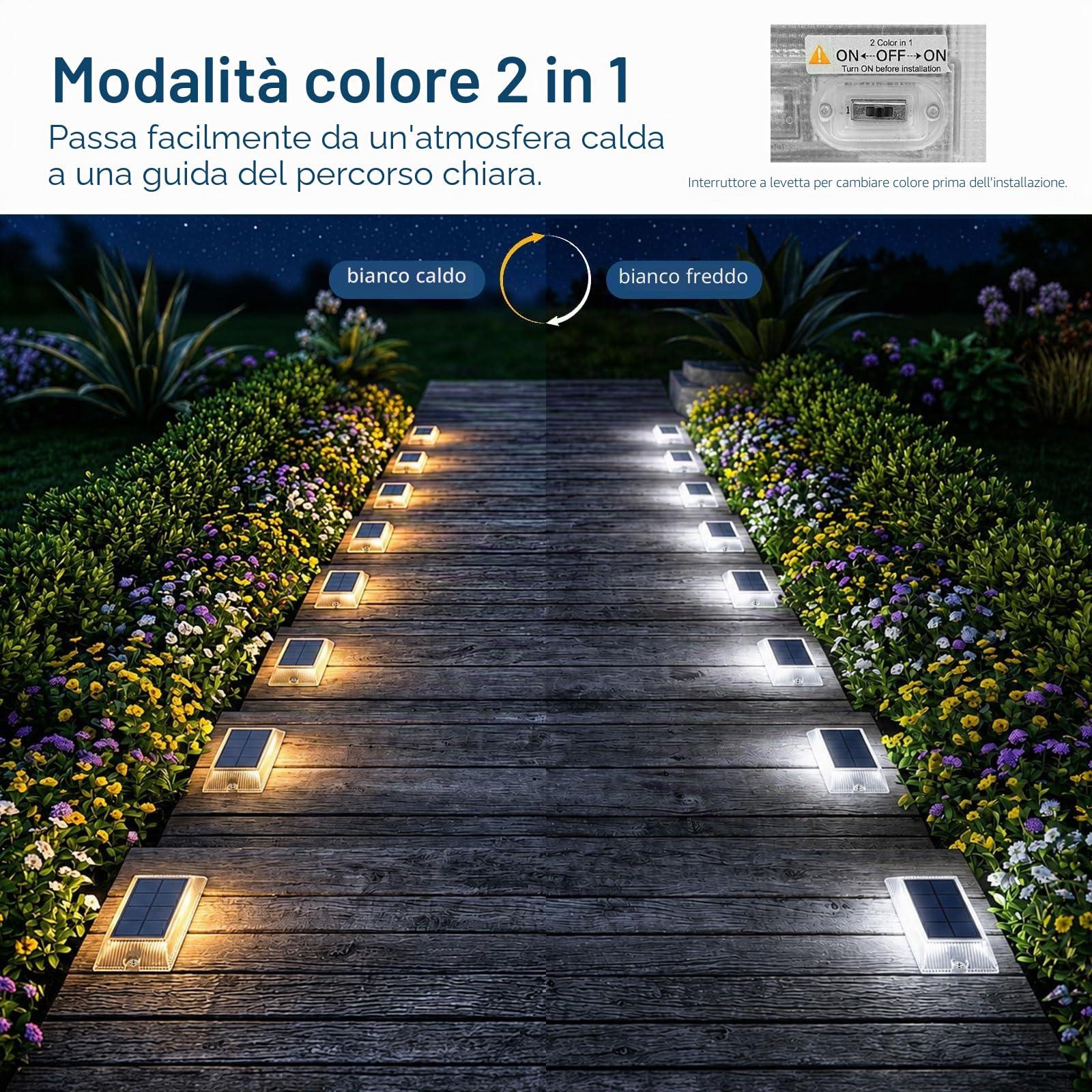 Luci Solari da Esterno Giardino, 2 Colori in 1 Lampada Solare da Esterno | Alinana 6 Pezzi Luce Solare per Giardino, Patio, Scale, Vialetto, Marciapiede, Patio(Bianco Caldo/Bianco Freddo)