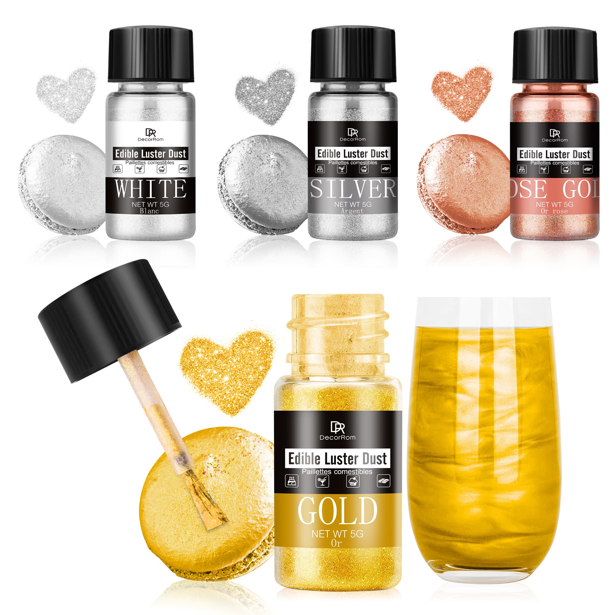 Edible Glitter Set - 4 Colors Metallic Luster Dust, Food Grade Shimmer Powder for Cocktails, Drinks, Baking, Cakes, Cookies, Fondant, Strawberries, DIY Edible Art, Vegan & Party Decor (5g/Bottle)