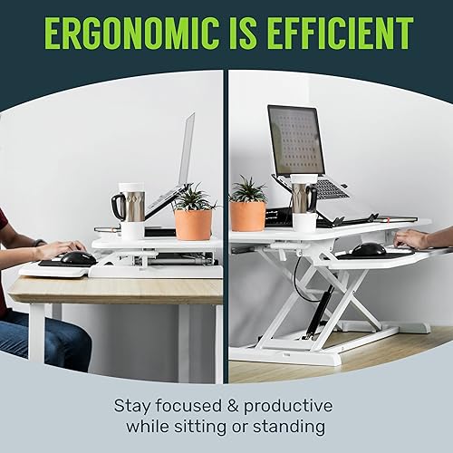 Miniatura 9 de TechOrbits Convertidor de escritorio de pie  Madera MDF ajustable para sentarse de pie de 32 pulgadas  Elevador de escritorio  Blanco