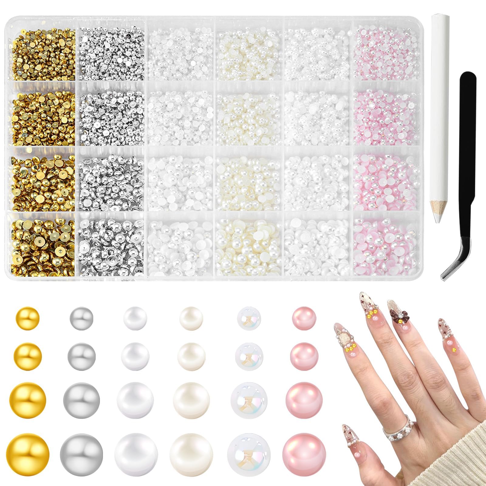 Lot de 10 000 perles à ongles plates, 6 couleurs et 4 tailles, avec pince à épiler pour manucure, décoration de chaussures et accessoires de loisirs créatifs.