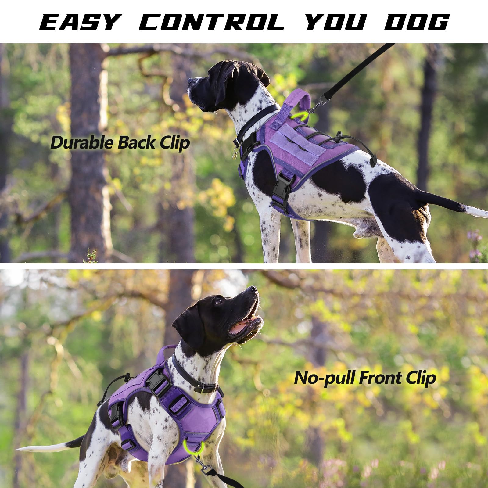 WINGOIN Arnés táctico morado para perros pequeños, sin tirones, ajustable, reflectante, K9, arnés militar para perros con asa para caminar, senderismo, entrenamiento (S)