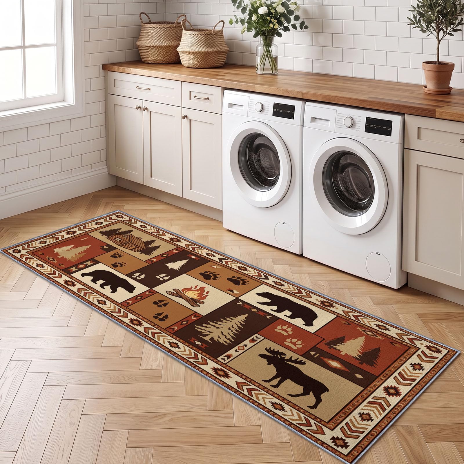 Kurzflor Läufer Flur 80x180 cm Landhaus Rustikal Waschbar Teppich Erdton