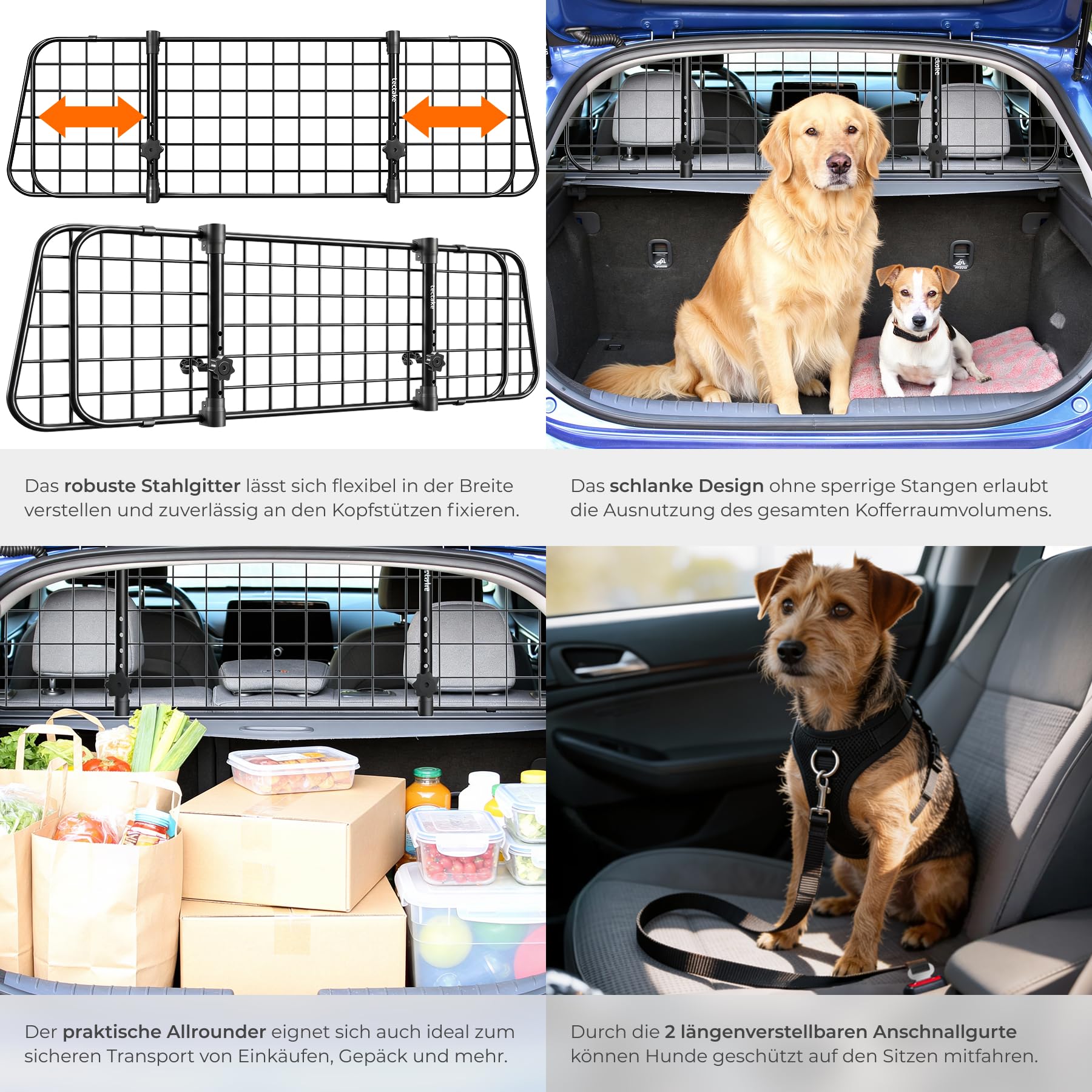 tectake® Hundegitter Auto, universal Hundeschutzgitter mit Variabler Breite, mobiler Kofferraumschutz, Gitter Trenner Absperrung, Zubehör für Auto Reise mit Hund, Hundeabsperrgitter,