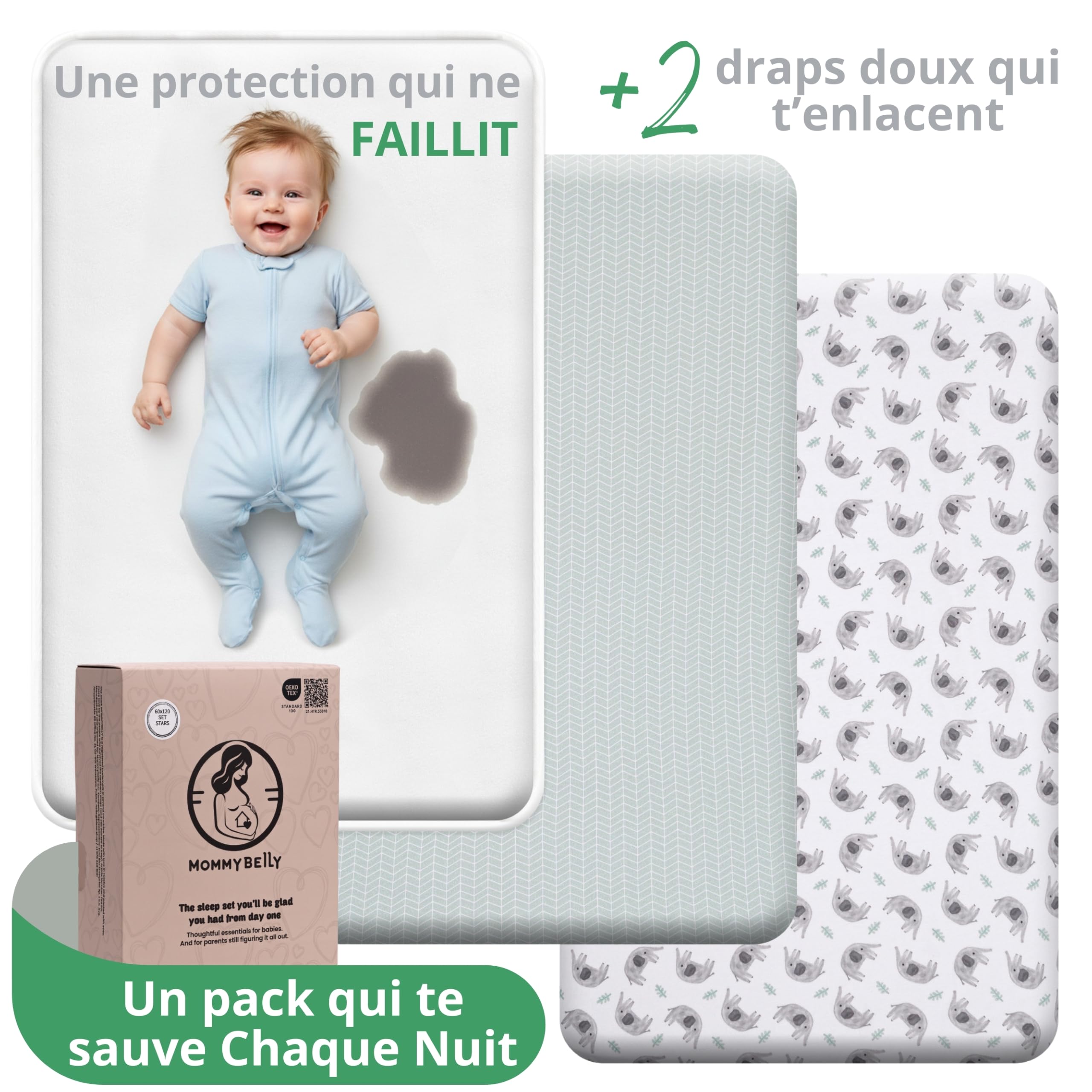 Set Drap Housse 60x120 Lit Bébé / 60x125. 2 Draps Housse Coton Jersey + 1 Protège Matelas Imperméable Éponge pour Lit Bébé. Certifié Oeko-Tex. Éléphants 125x60 / 120x60