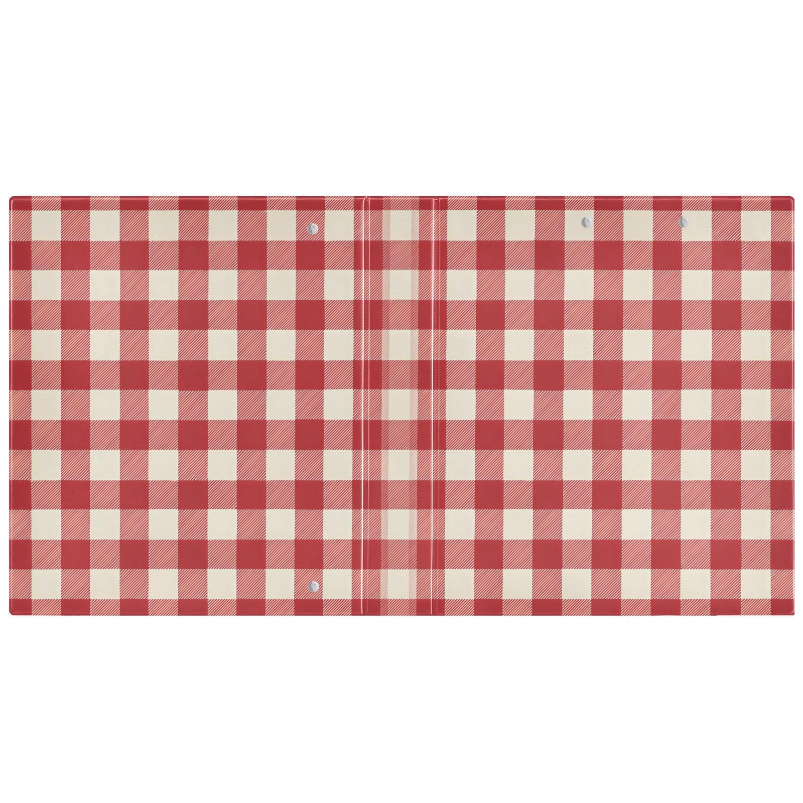 Classeur vichy rouge cerise à 3 anneaux, peut contenir 200 feuilles, 3 anneaux de 3,8 cm avec 3 poches intérieures transparentes en PVC et clip en métal antidérapant