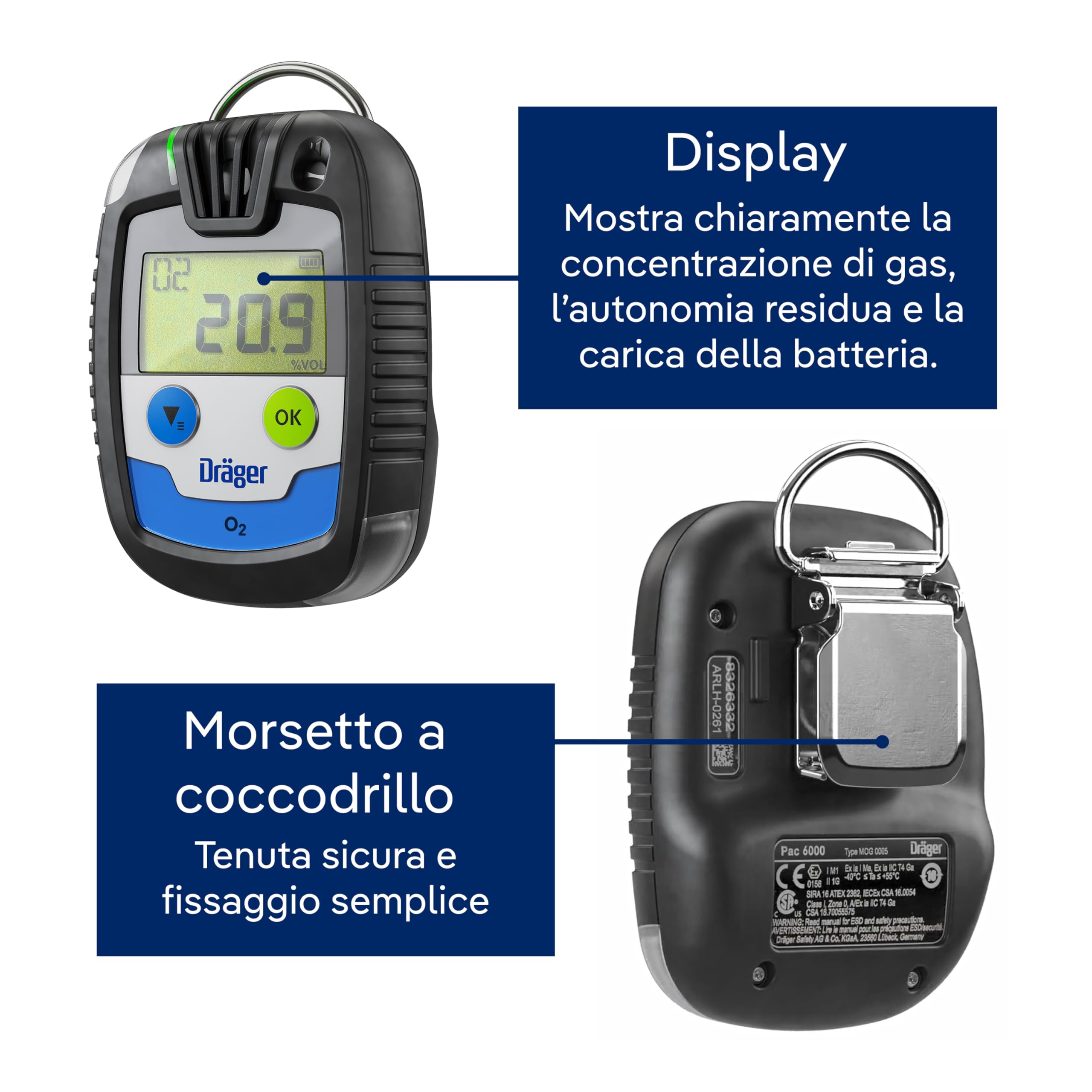 Dräger Pac 6000 O2 | Dispositivo professionale portatile per la rilevazione di ossigeno| Rilevatore monogas con allarme, sensore e batteria di lunga durata