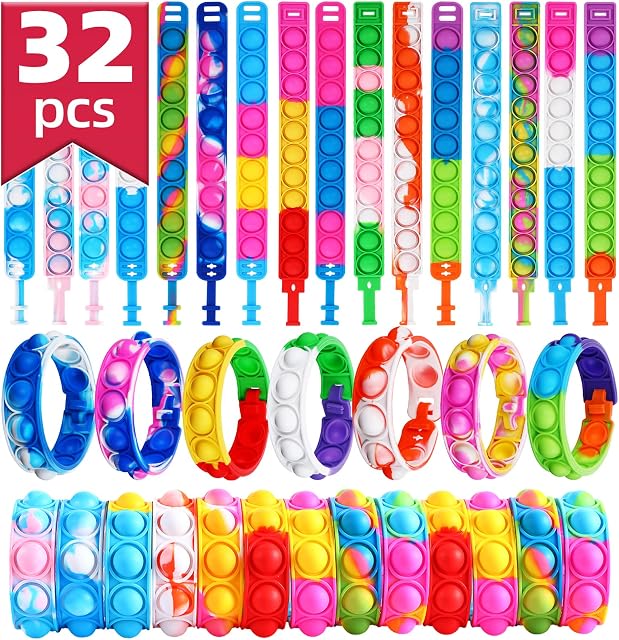 Dora Sicom 32 PCS Pop Bracelet it Pack, Fidget Bracelet Birtyday Party bag fillers for kids, Fidget Wristband as party Gifts for kids, Toys for party bags2 Models