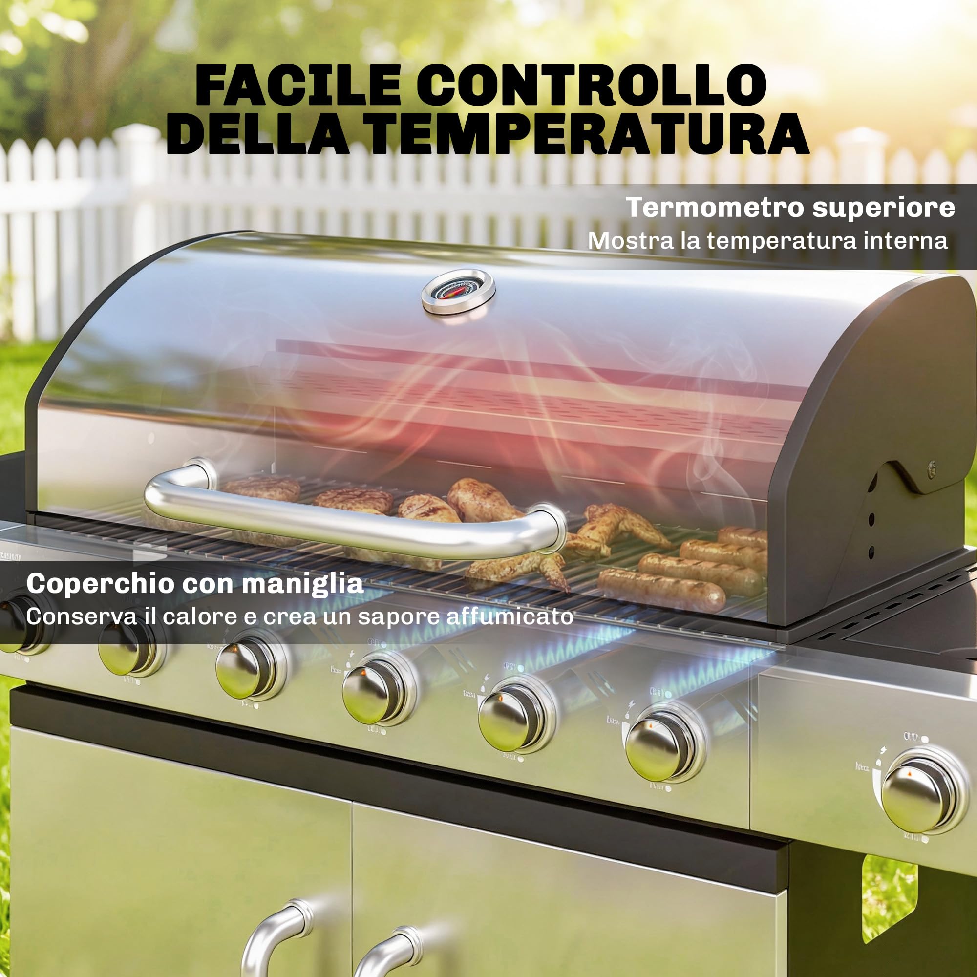 Outsunny Barbecue a Gas con 6+1 Bruciatori da 18.6 KW, BBQ a Gas Propano Portatile con Griglia, Ripiani, Coperchio, Termometro, Ruote, per Giardino Esterno, Nero Argento