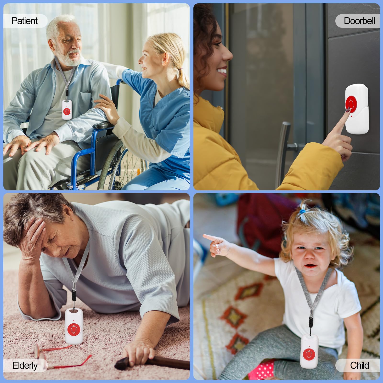 Cuteefun Téléavertisseur sans Fil Système d’Alarme, 5 Modes, 58 Mélodies, Bouton d'appel d'urgence pour Personne âgées Patients, Maison d'alerte Personnelle Rechargeable (1 Récepteur + 2 Émetteurs)